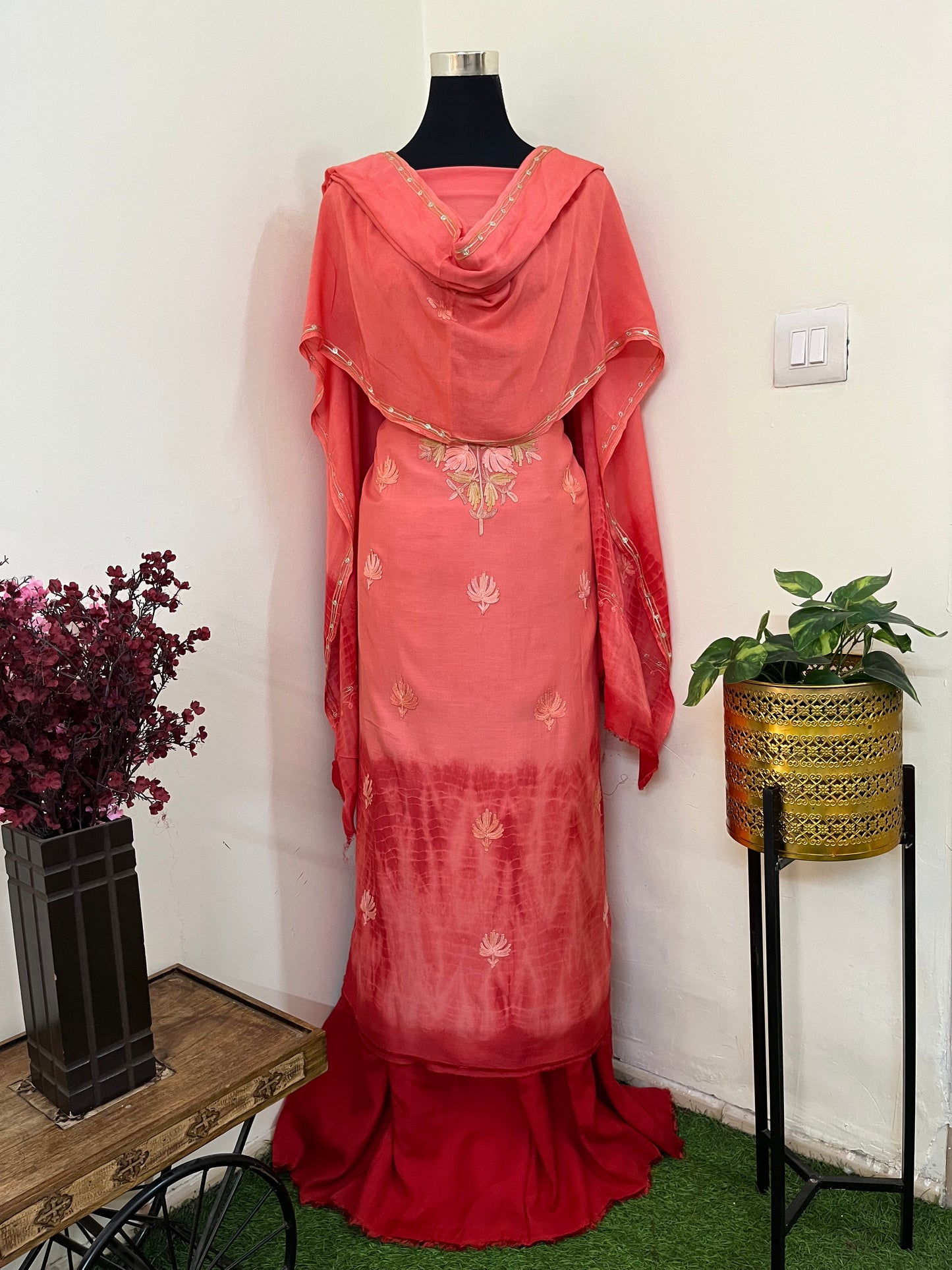 Orange Mul Cotton Shibori Work Kashmiri 3pc Suit