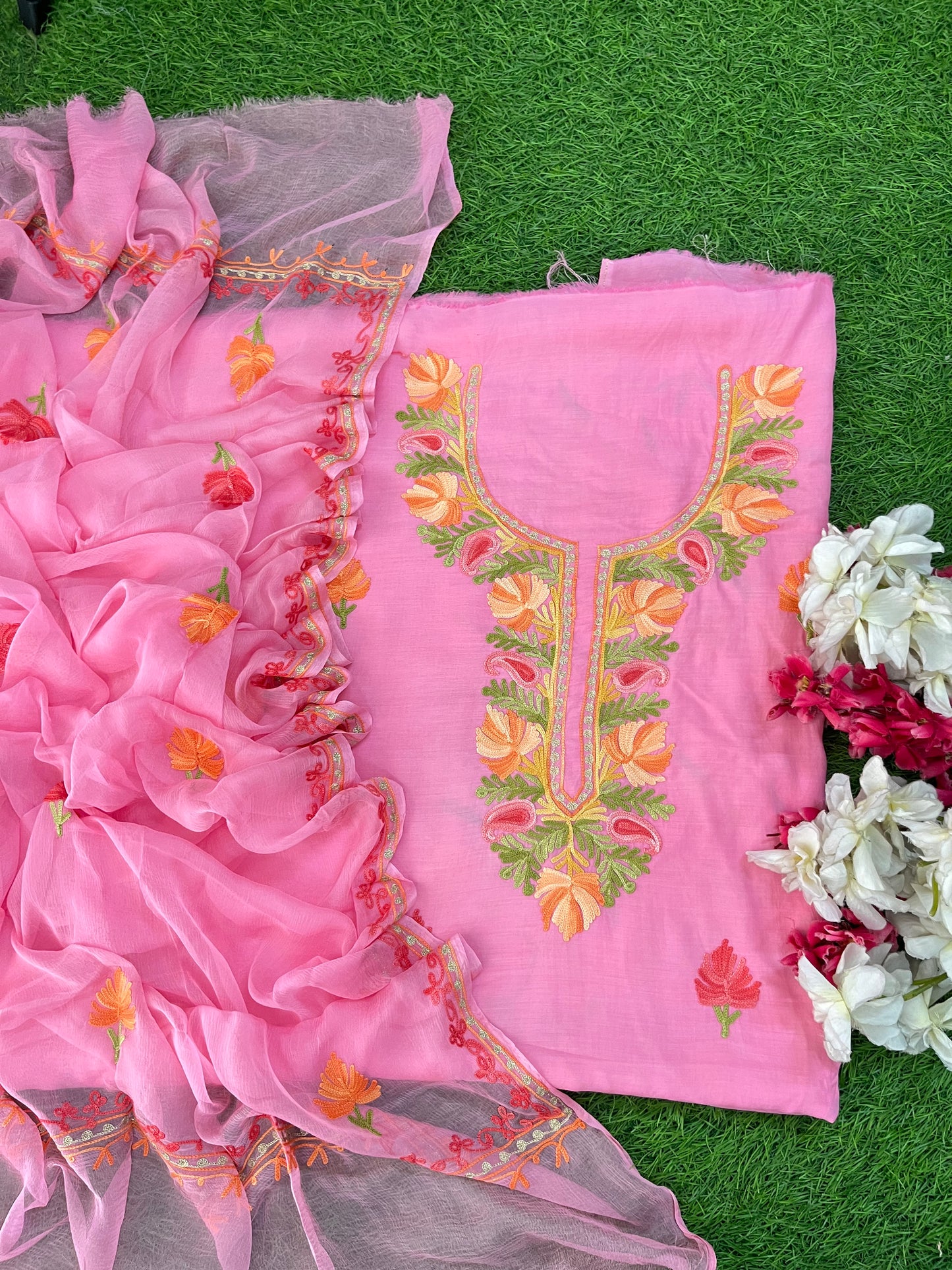 Soft Pink Muslin Cotton Jaal Sleeves Kashmiri 3pc Suit