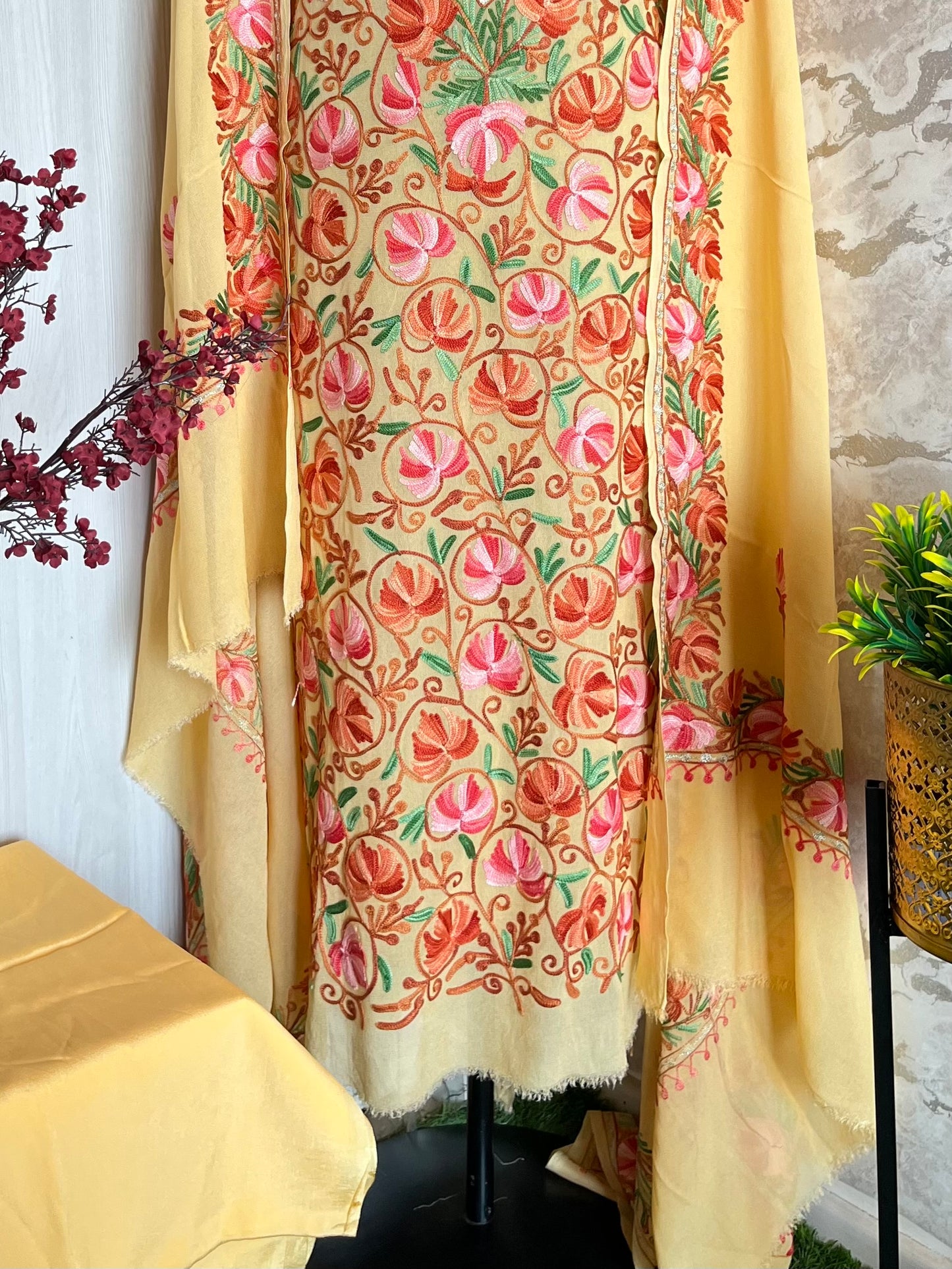 Yellow Pure Georgette Aari Embroidered Suit