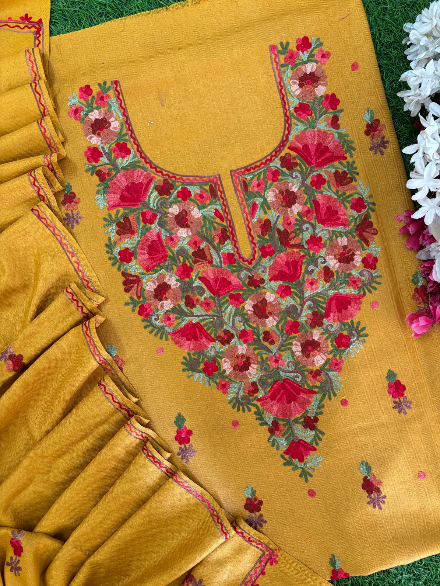 Golden Yellow Woollen Aari Embroidered 3pc suit