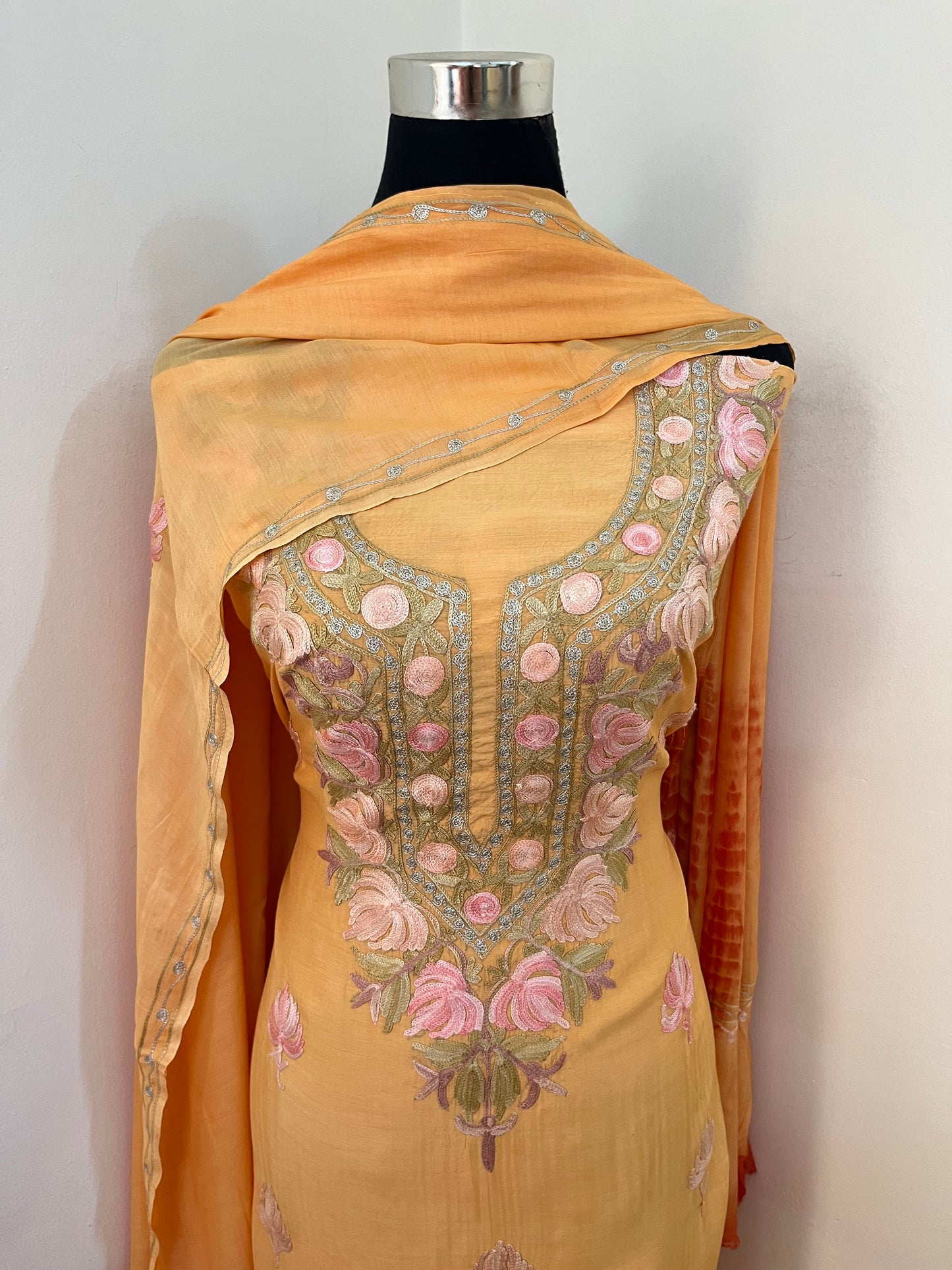 Soft Orange Mul Cotton Shibori Work Kashmiri 3pc Suit