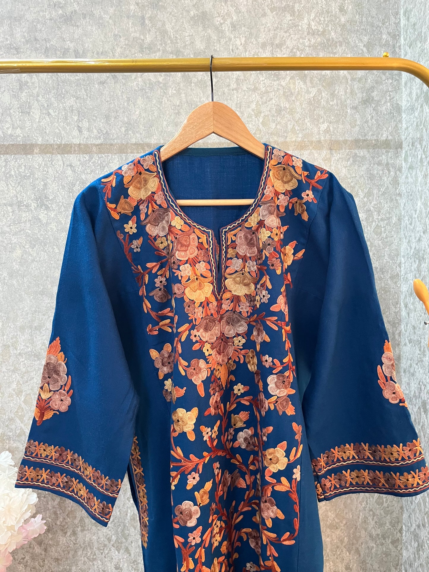 Peacock Blue Aari Embroidered Wool Pheran