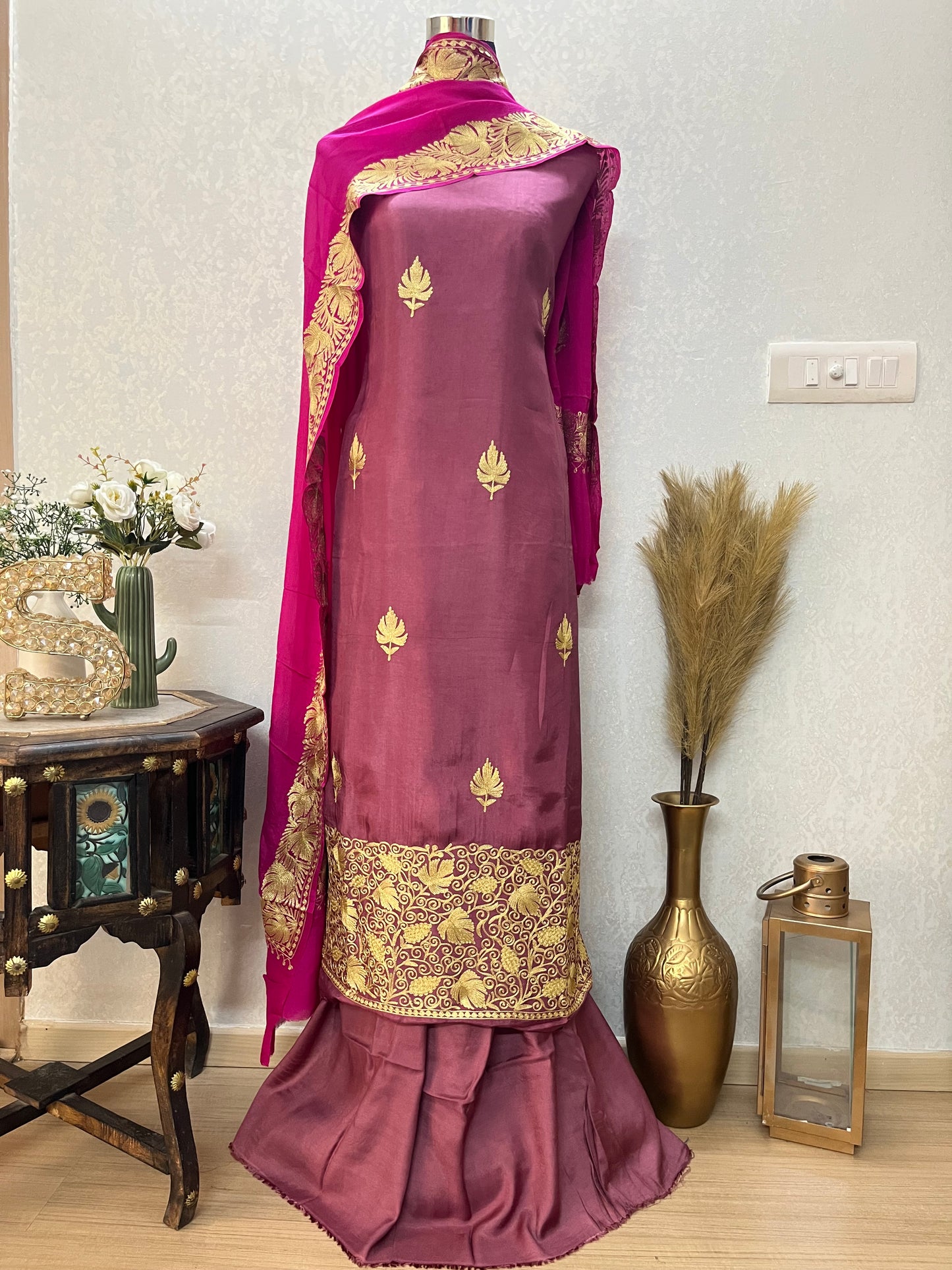 ‘Kalaa’ Onion Pink Opada Silk Tilla Embroidered Suit material