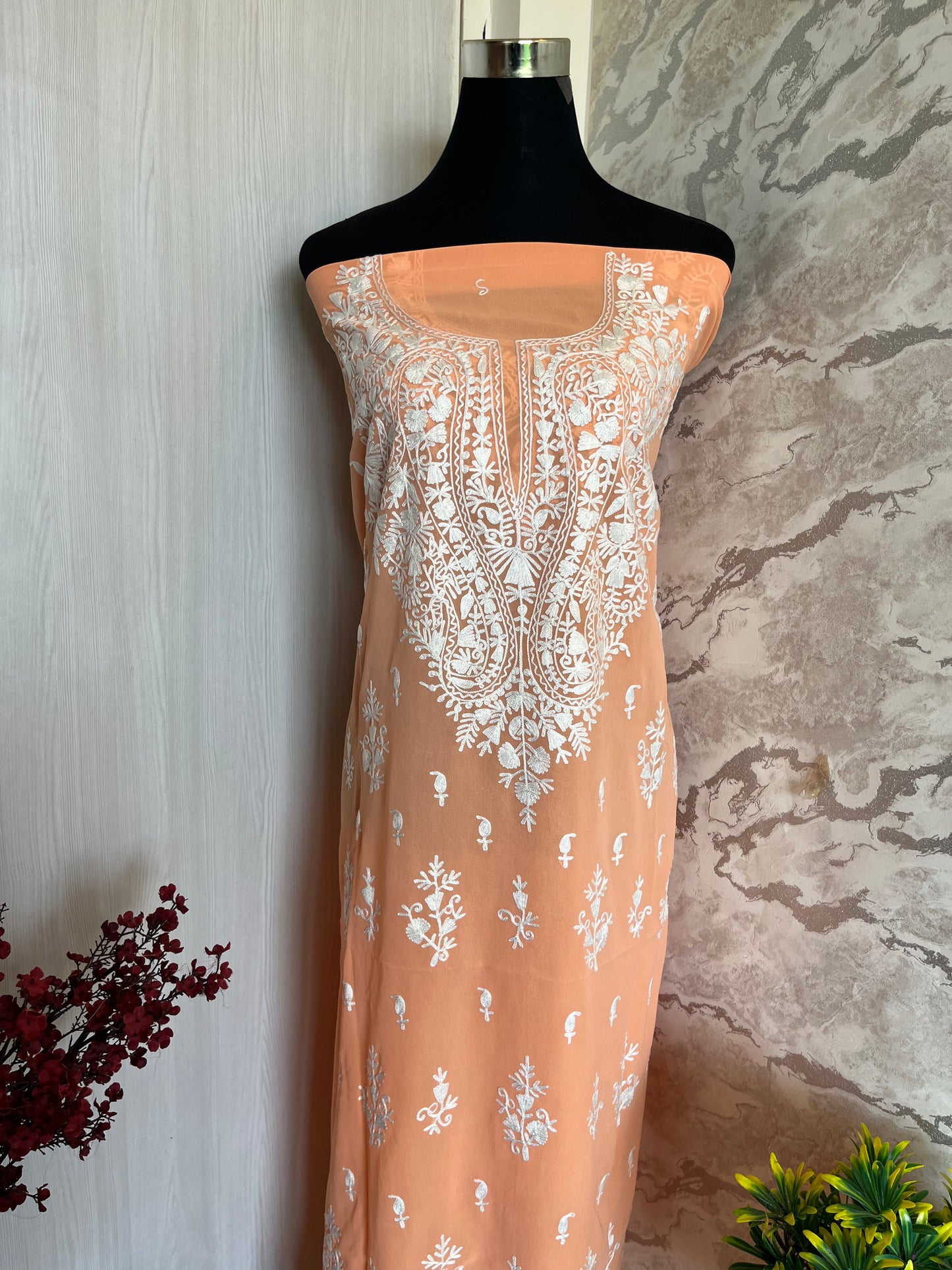 Georgette Light Orange All over Work Aari Embroidered Unstitched Kurta Material