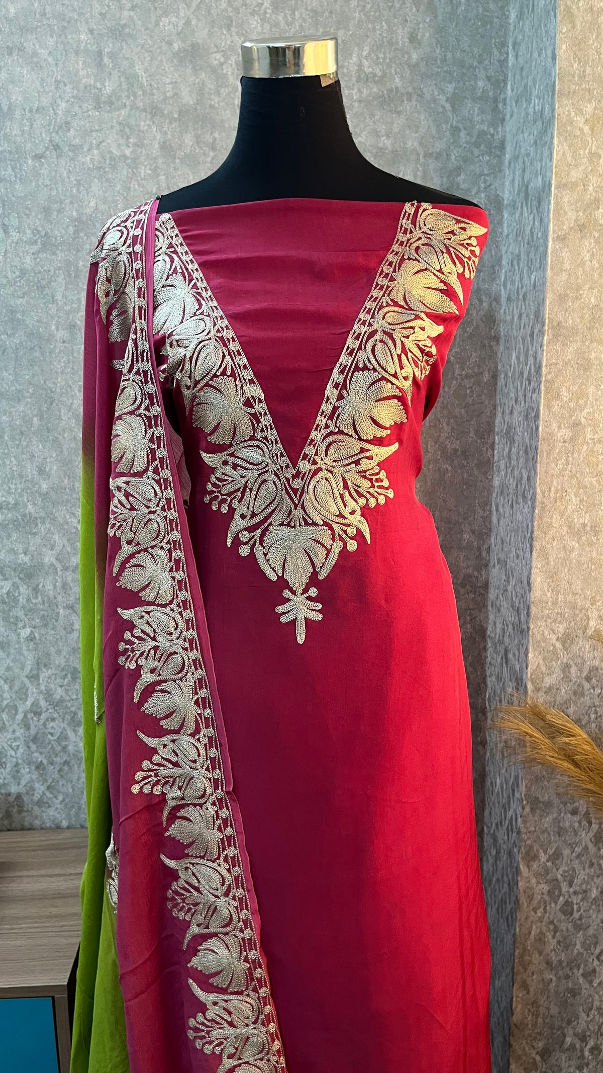 Magenta pink Sanam Silk Kashmiri Suit