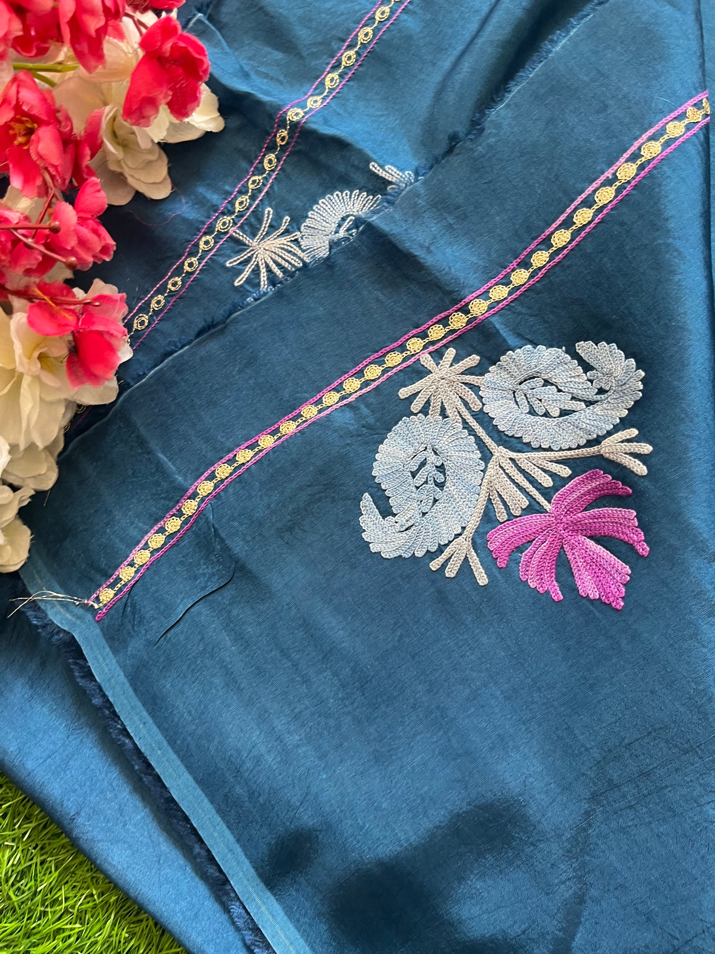 Blue Opada Silk Aari Embroidered Suit material