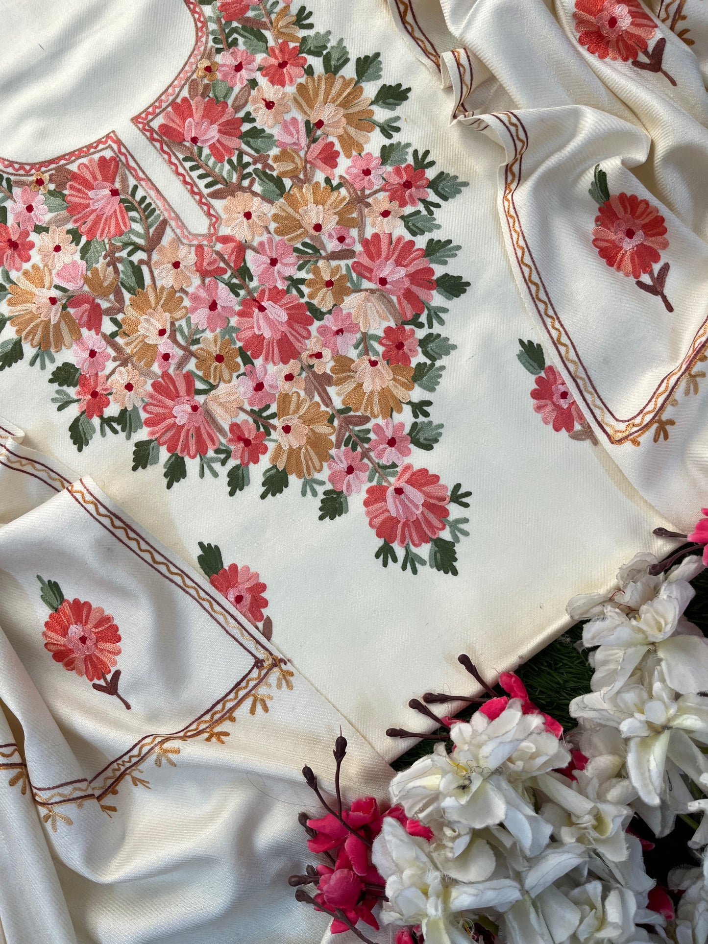 Off White Woollen Aari Embroidered 3pc suit