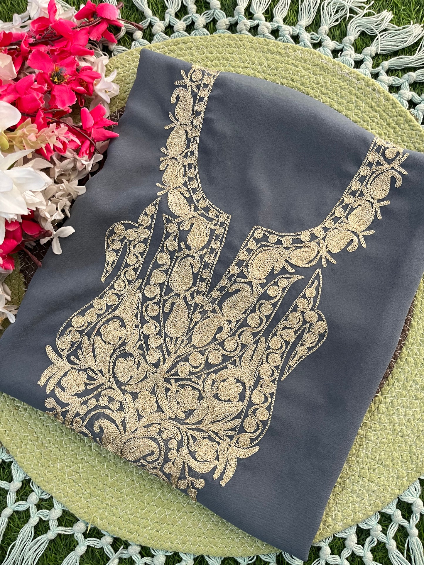 Grey Georgette Kashmiri Kurta (Unstitched)