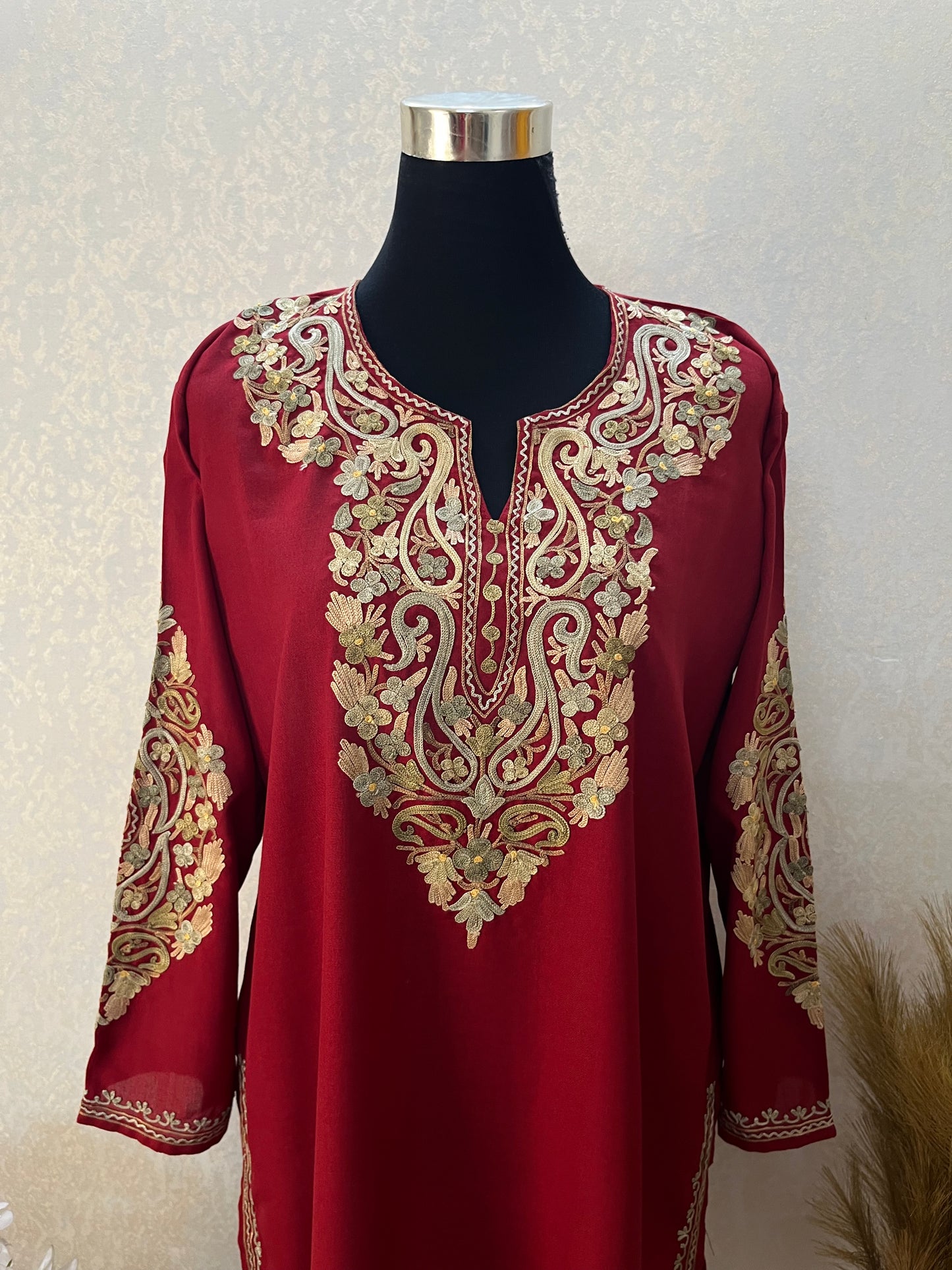 Maroon Cotton Aari Work Kurta
