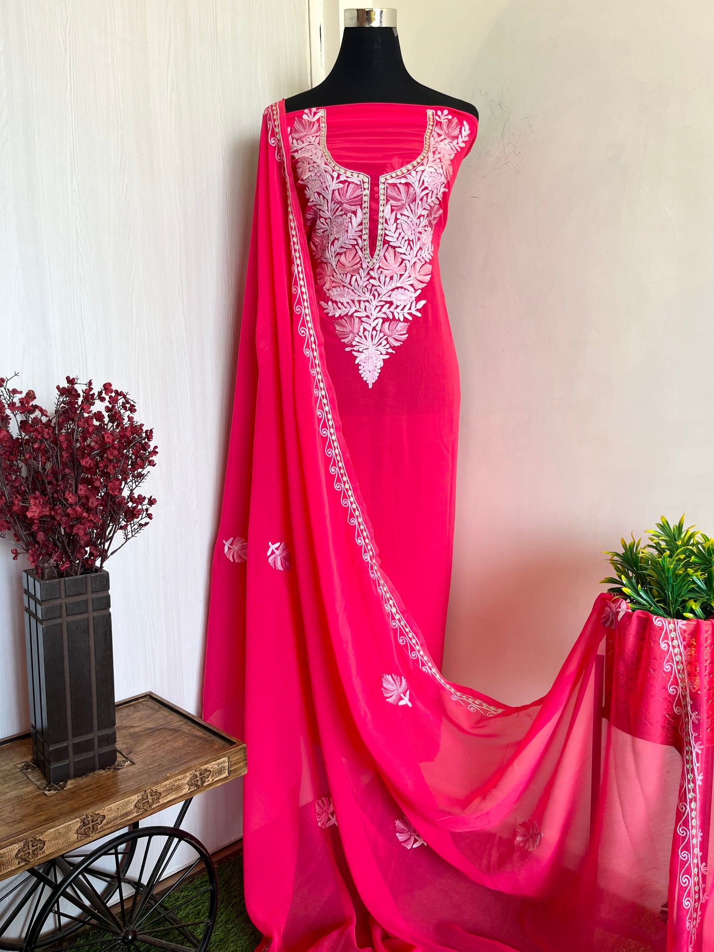 Pink Georgette Shirt and Dupatta Aari Embroidered Suit