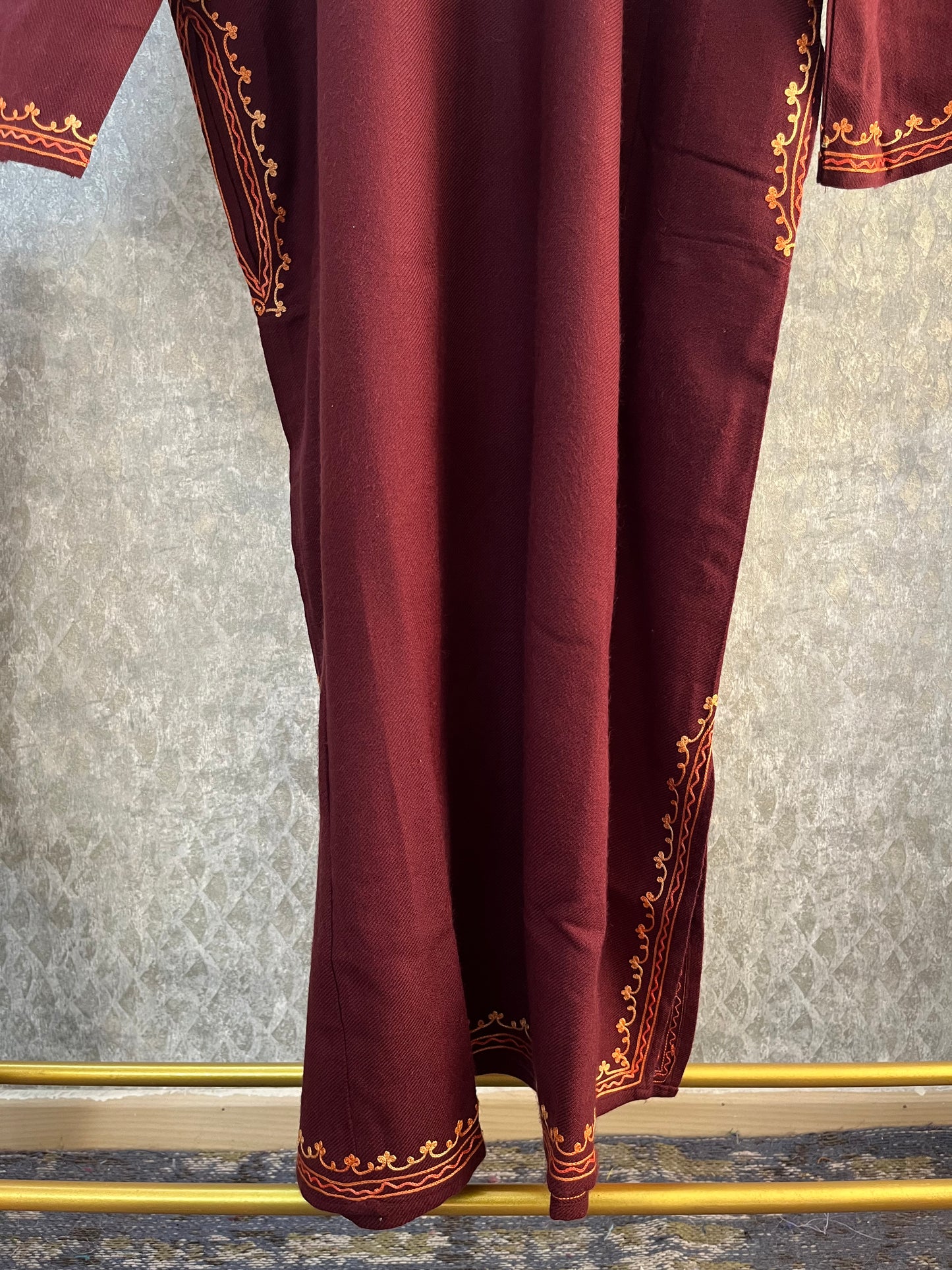 Reddish Brown Aari Embroidered Wool Pheran