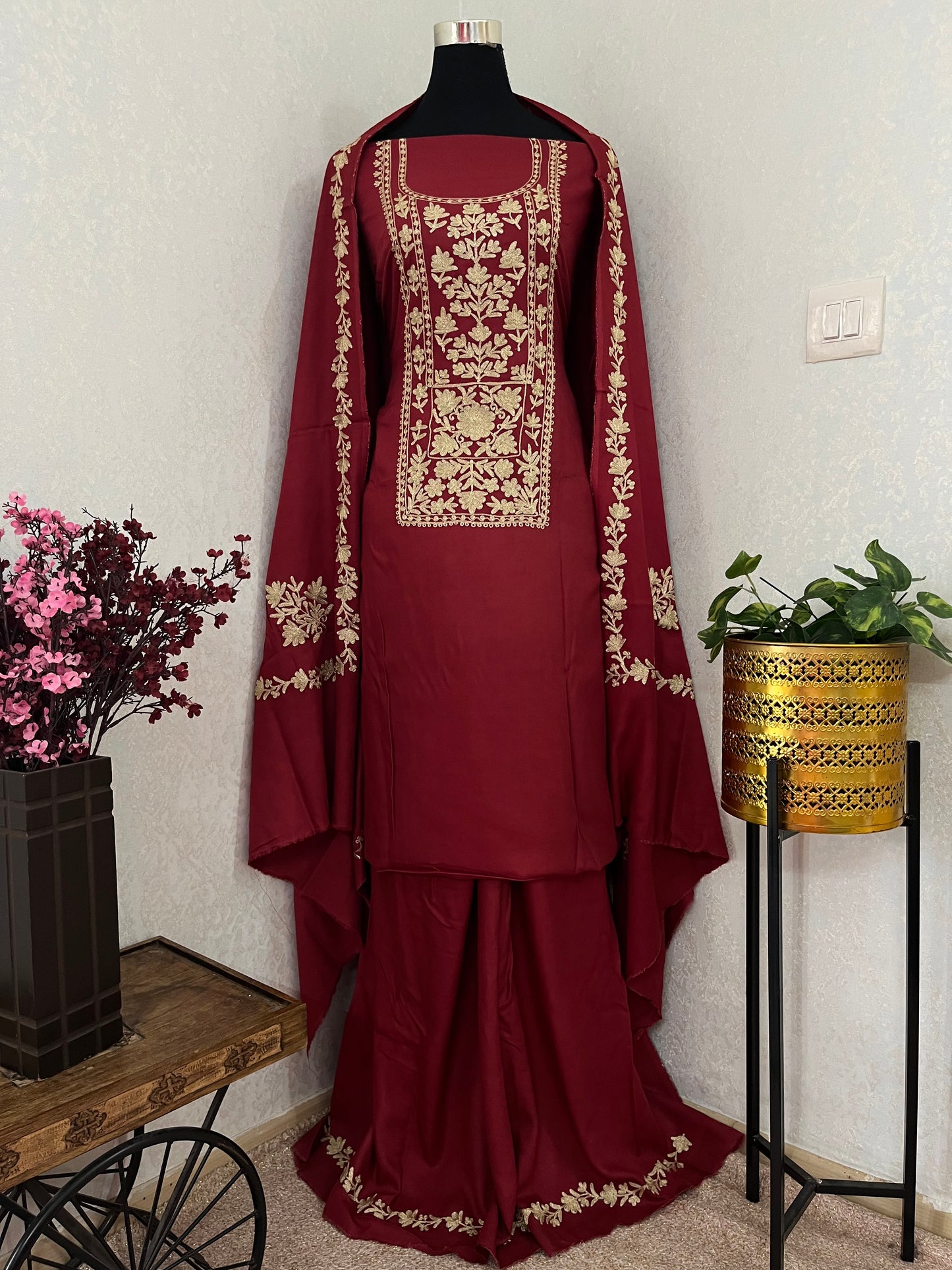 Maroon Silk Pashmina Kashmiri Suit