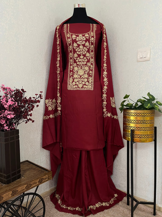 Maroon Silk Pashmina Kashmiri Suit