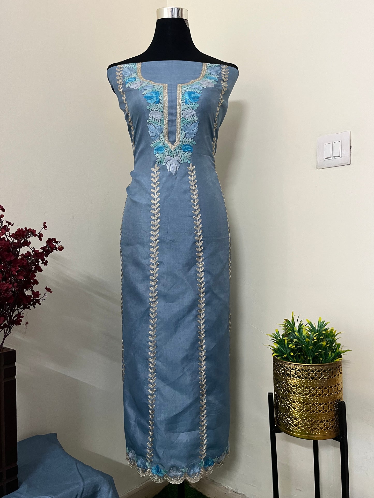 Sanam’ Blue Silk Aari Embroidered Suit material