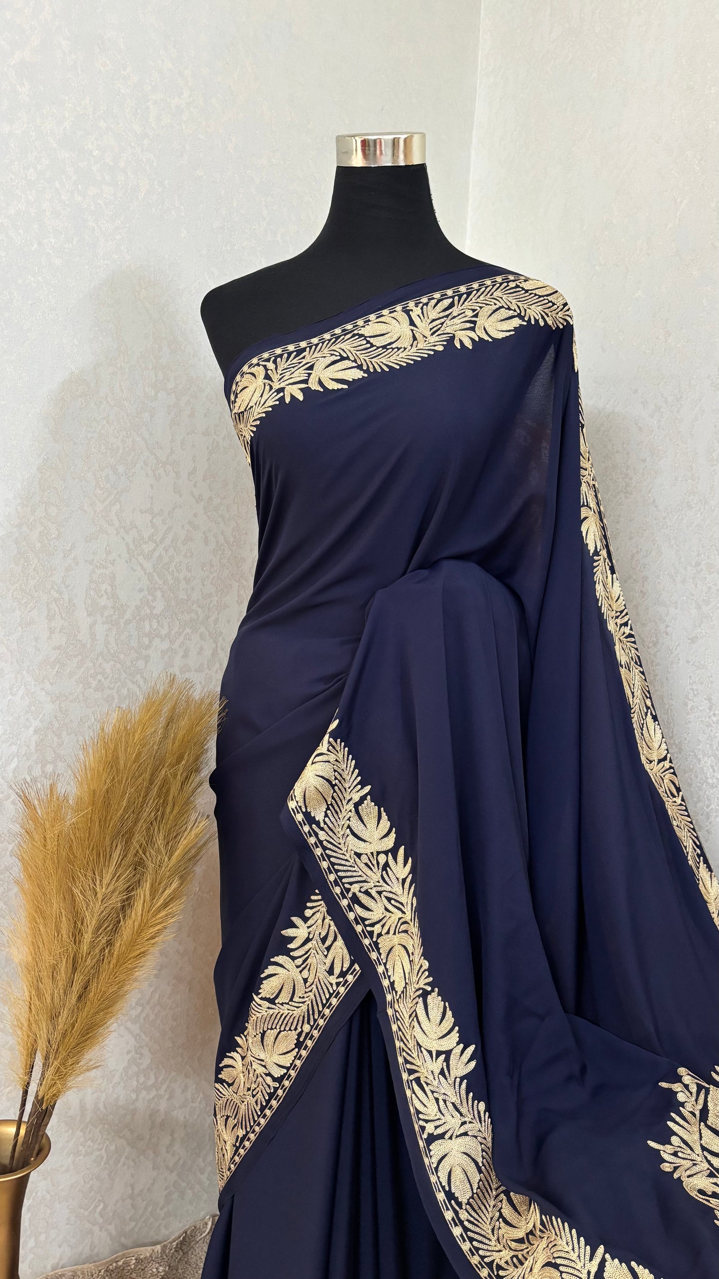 Navy Blue Crape Kashmiri Tilla Saree (Copy)