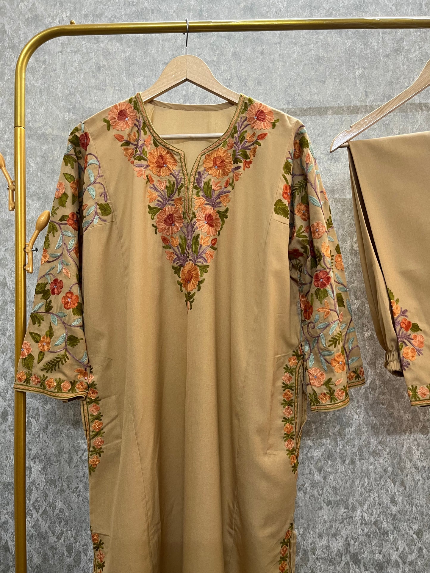 Beige Cotton Arm Jaal Pheran Set