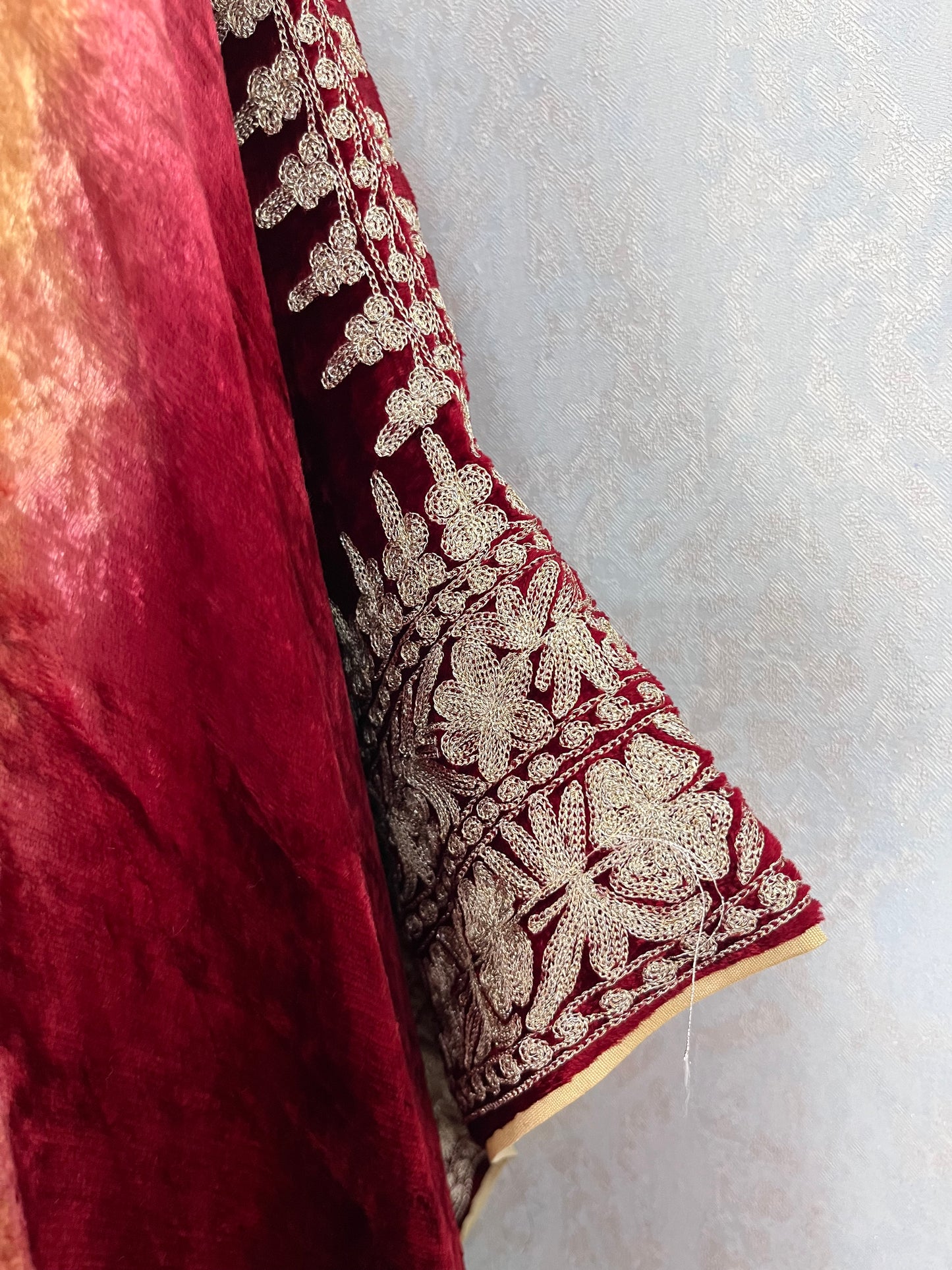 Gold Tilla Embroidered Pure Makhmal Kashmiri Kaftan Set