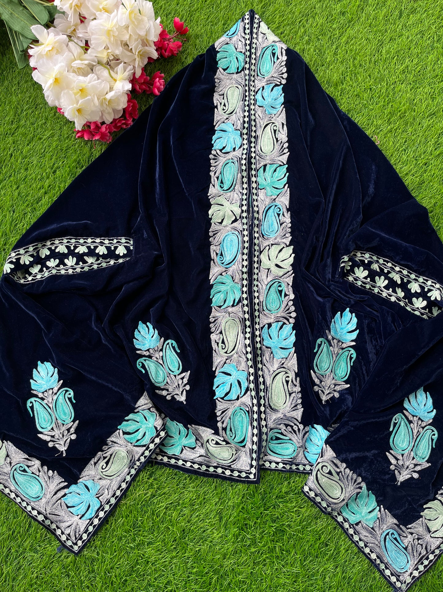 Blue Aari Embroidered Velvet Cape