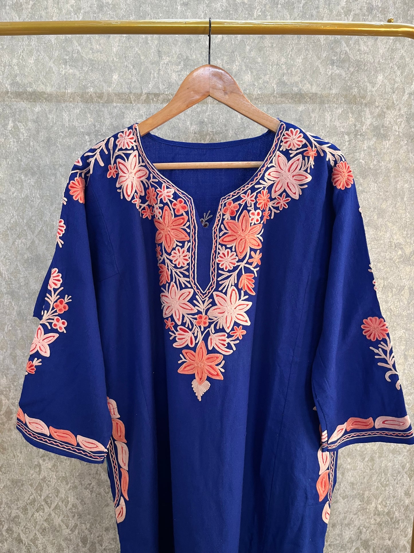Royal Blue Aari Embroidered Wool Pheran