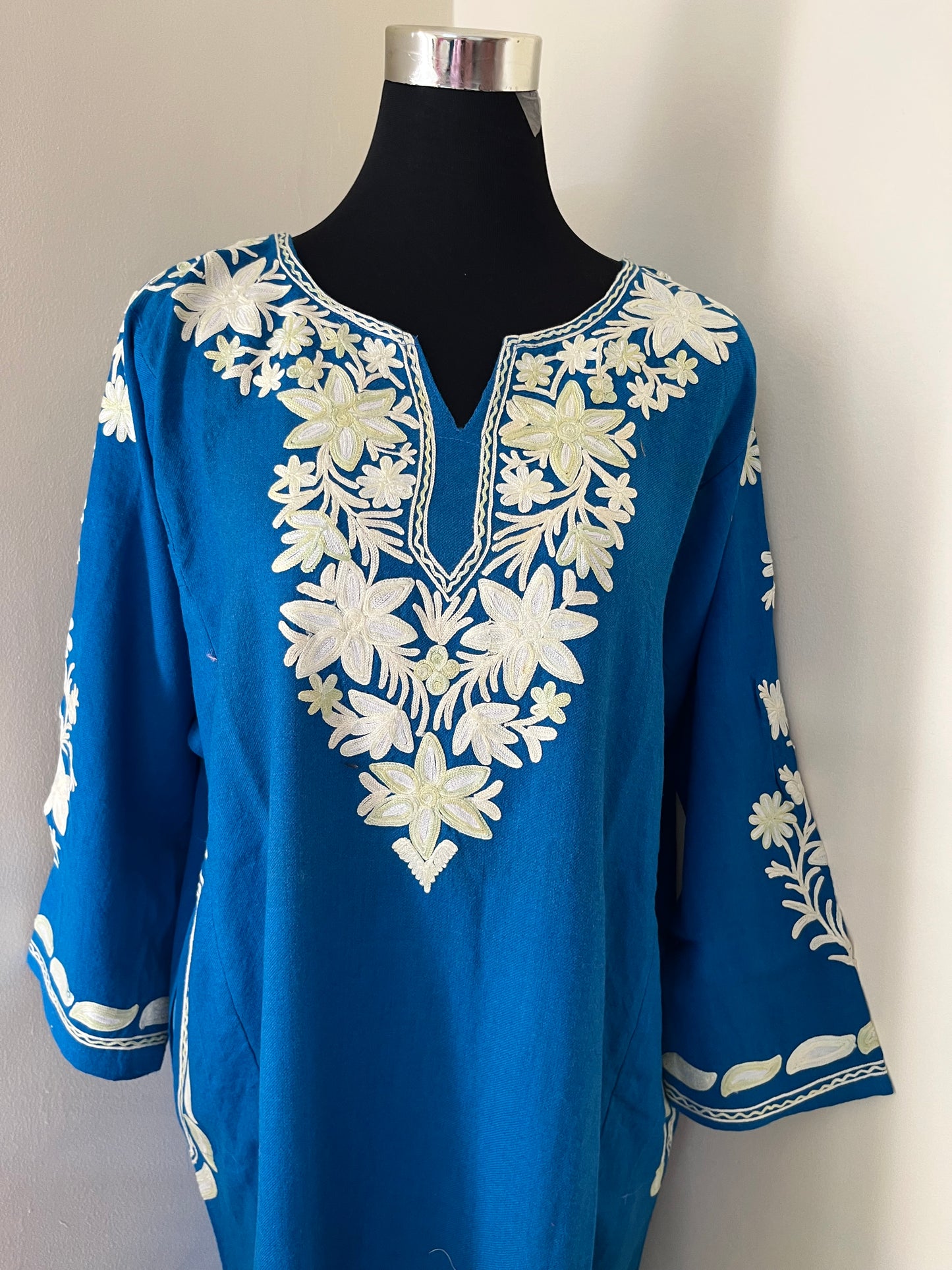 Peacock Blue Aari Embroidered Wool Pheran