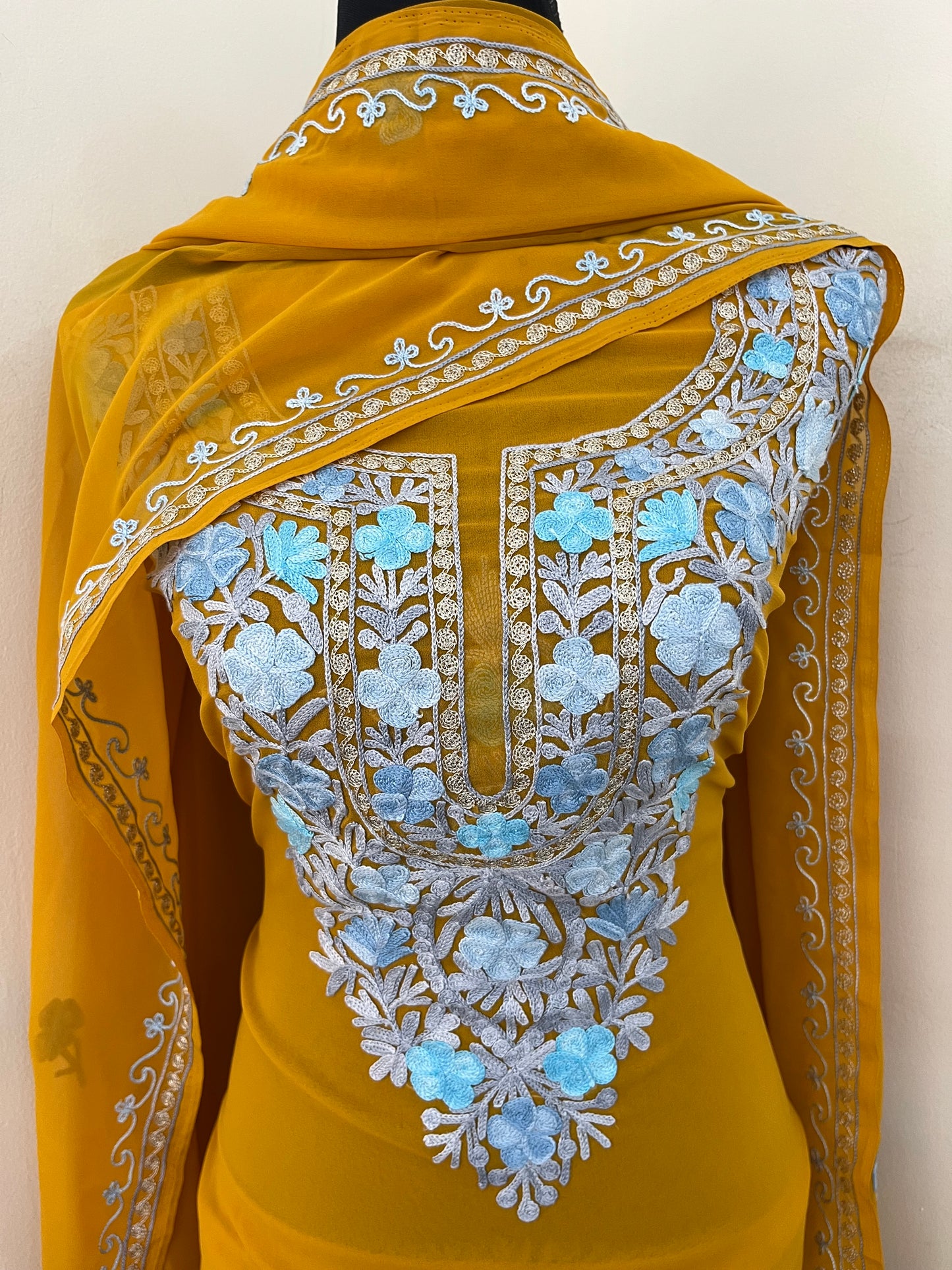 Mustard Georgette 3 Pc Aari Embroidered Suit Set