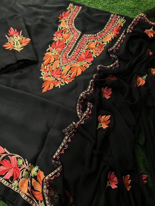 Black Opada Silk Aari Embroidered Suit material