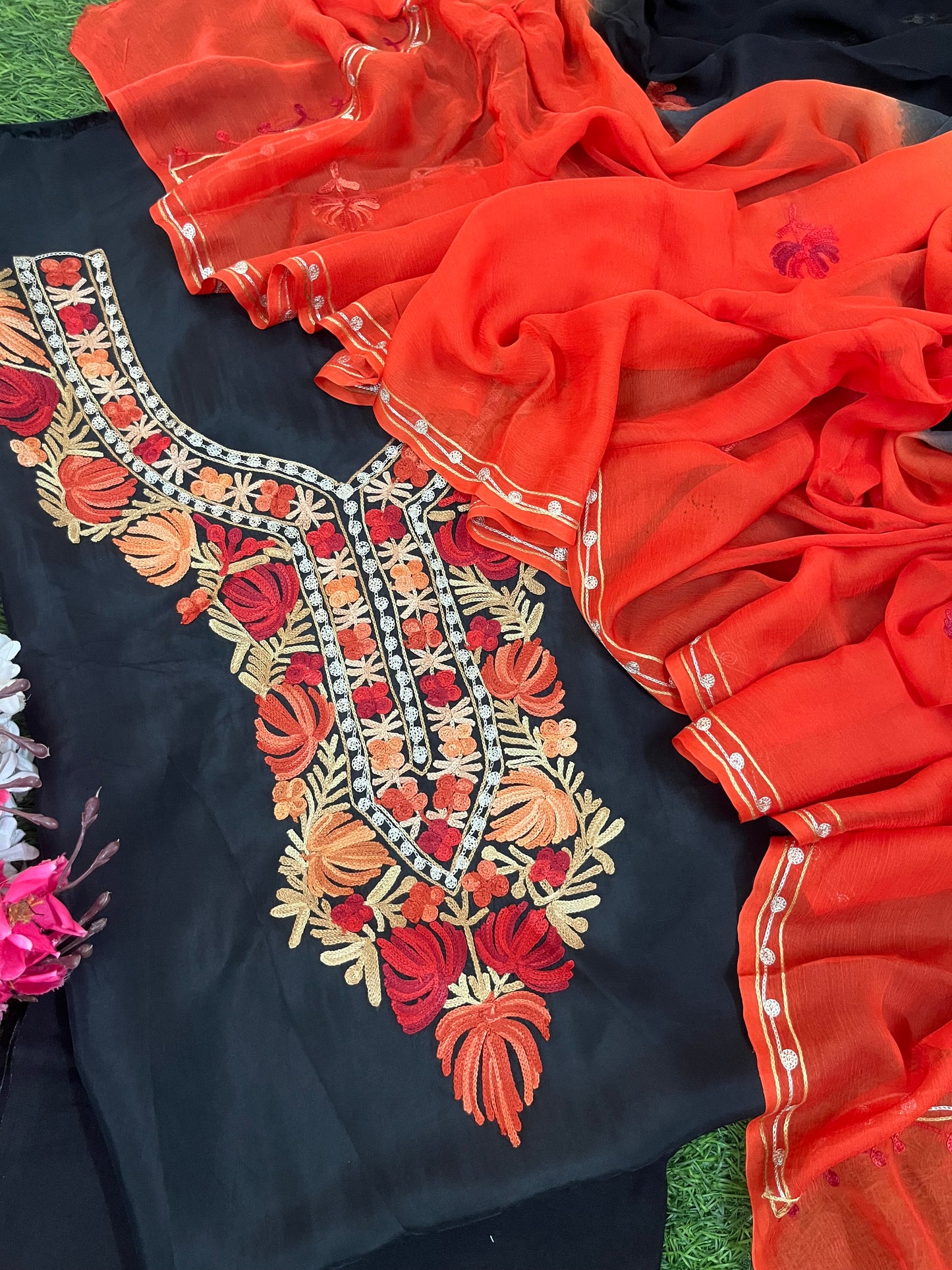 Black Opada Silk Kashmiri Suit
