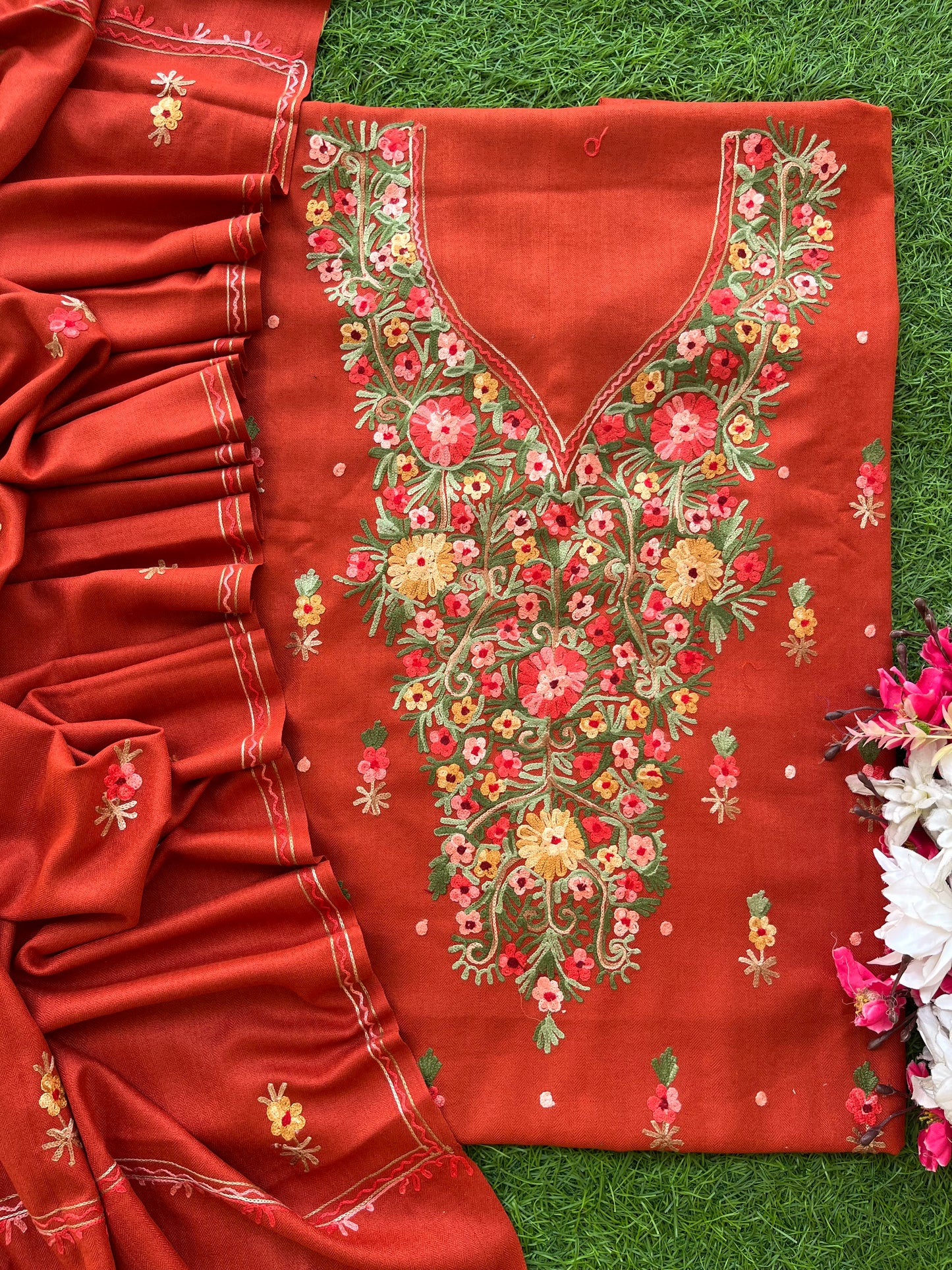 Rust Orange Woollen Aari Embroidered 3pc suit