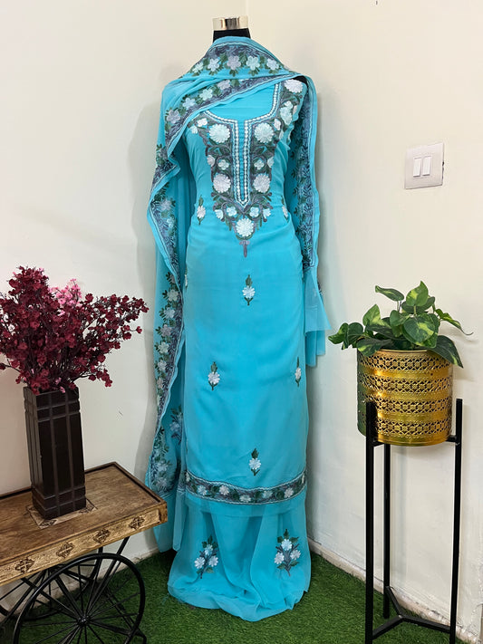 Sky Blue Georgette 3 Pc Aari Embroidered Suit Set