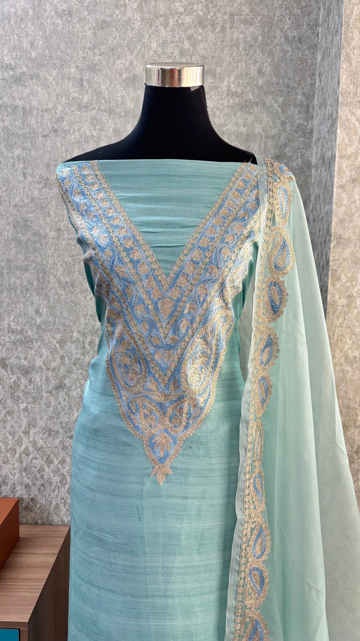 Baby Blue Russian Silk Kashmiri Suit