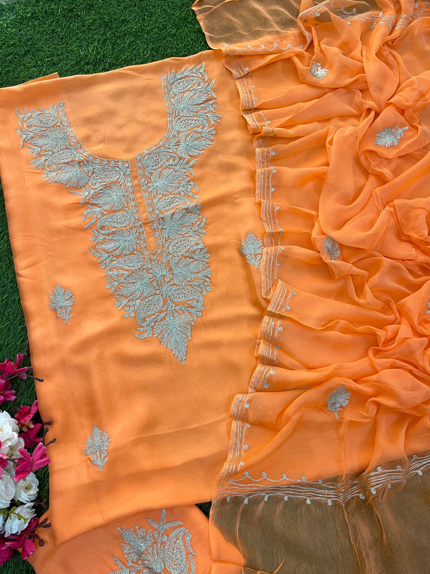 Orange Silk Tilla Kashmiri Suit