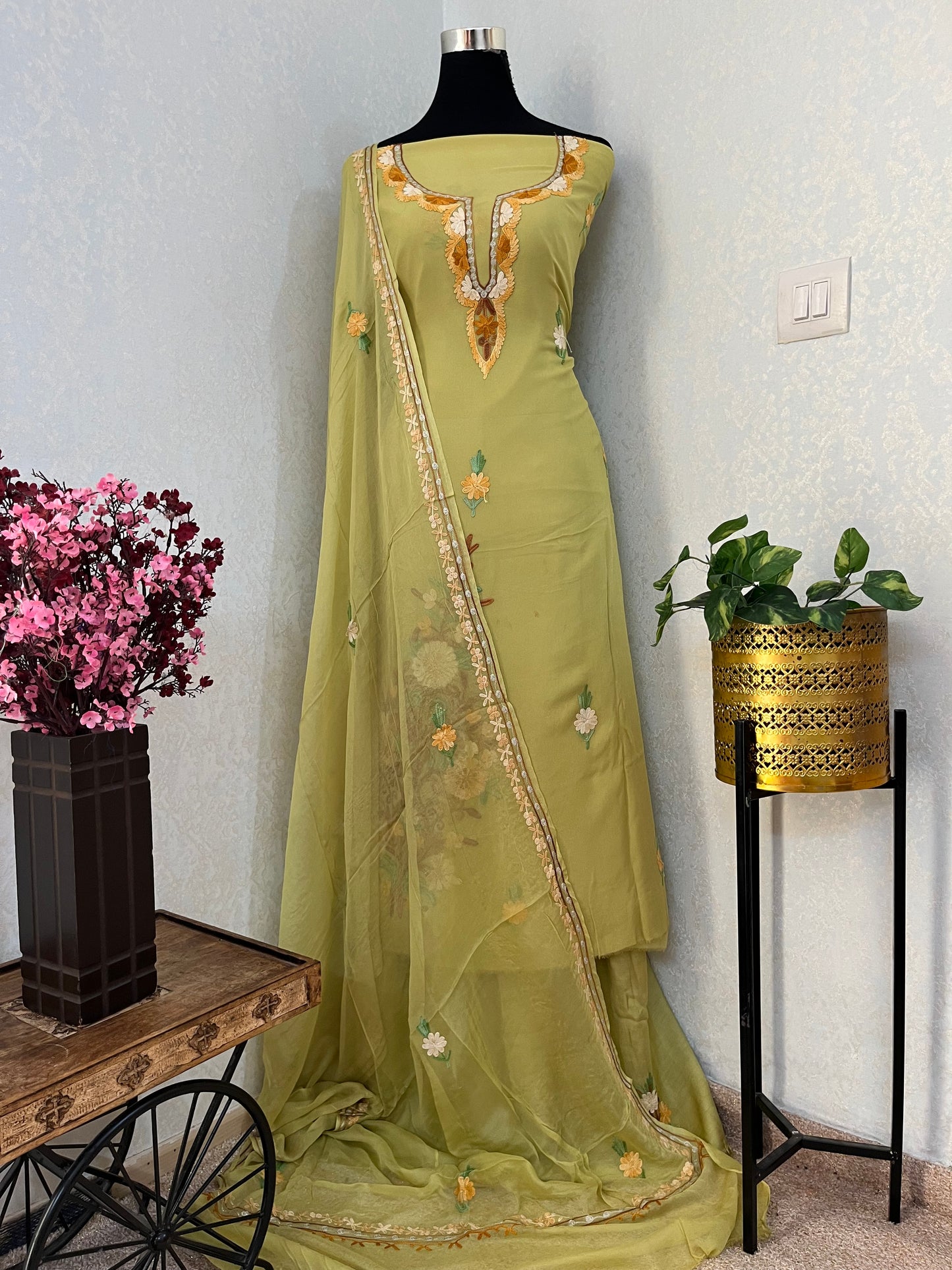 Lemon Green  Pure Georgette Aari Embroidered Suit