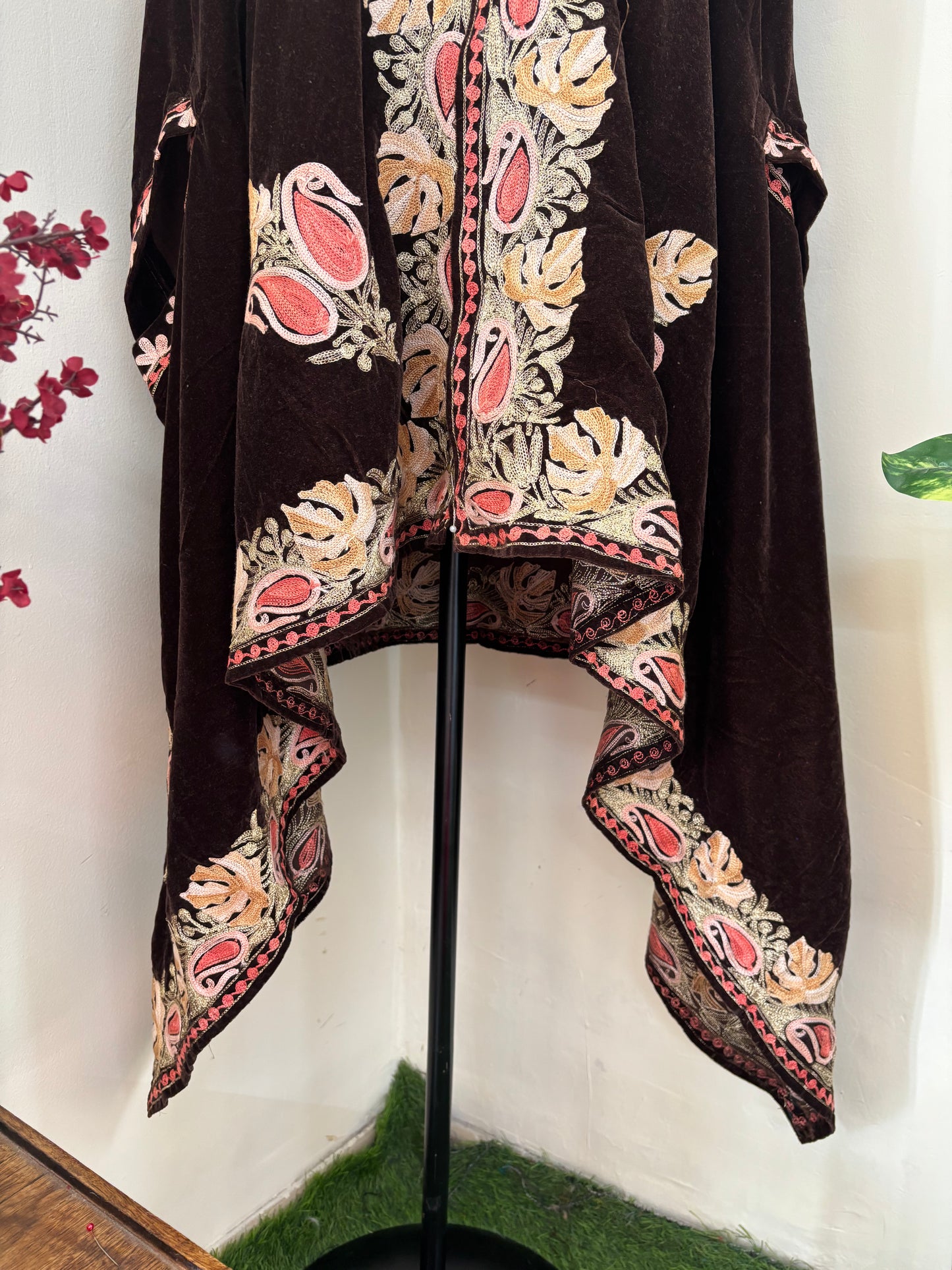 Brown Aari Embroidered Velvet Cape