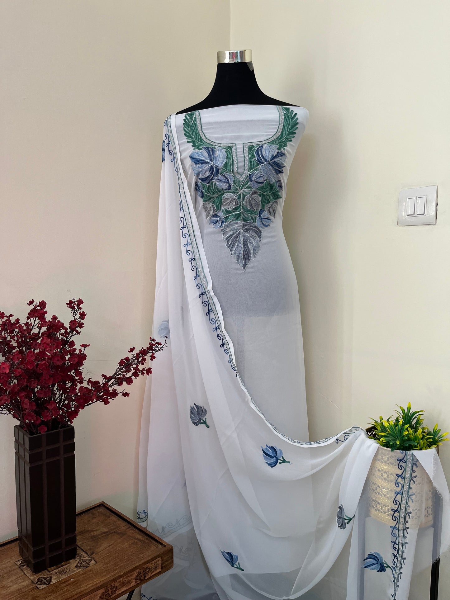 White Georgette Shirt and Dupatta Aari Embroidered Suit