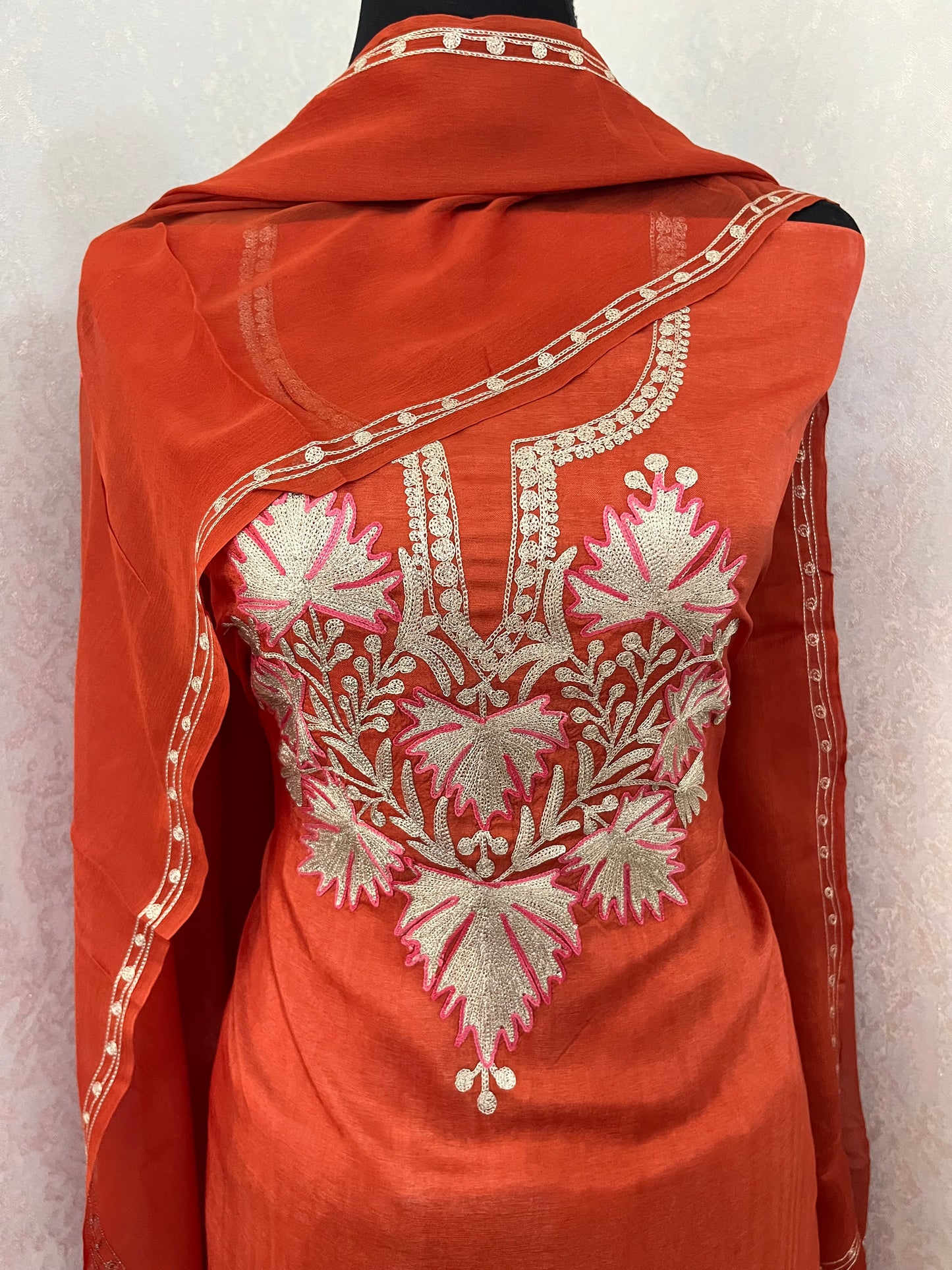 Sweet Orange Silk Tilla Kashmiri Suit