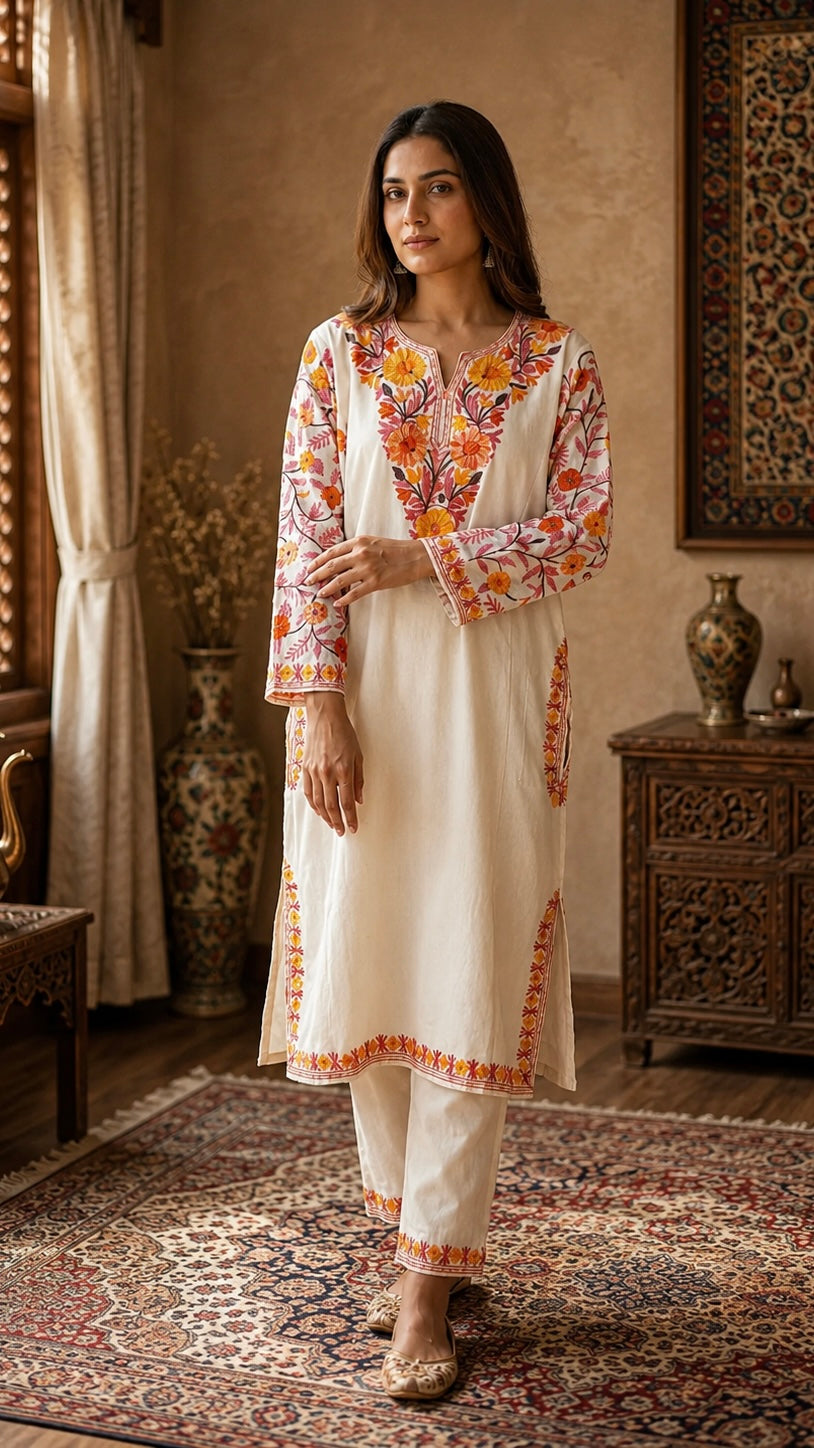 Off White Cotton Arm Jaal Pheran Set (Free Size)