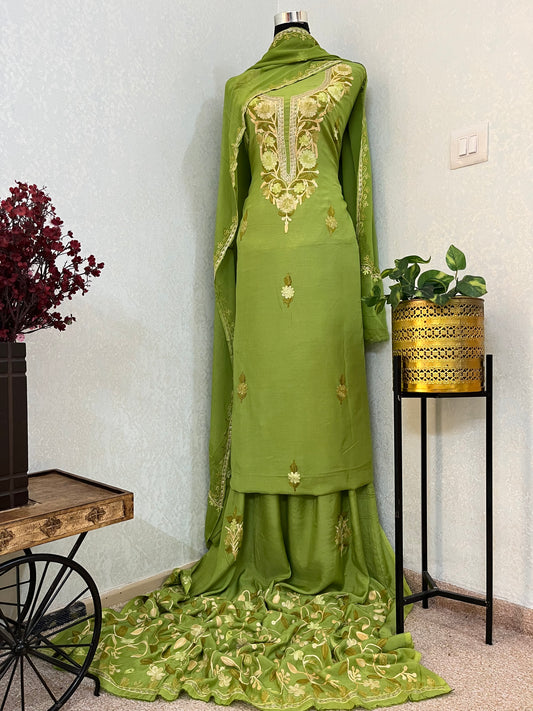 Pastel Green Muslin Cotton Jaal Sleeves Kashmiri 3pc Suit