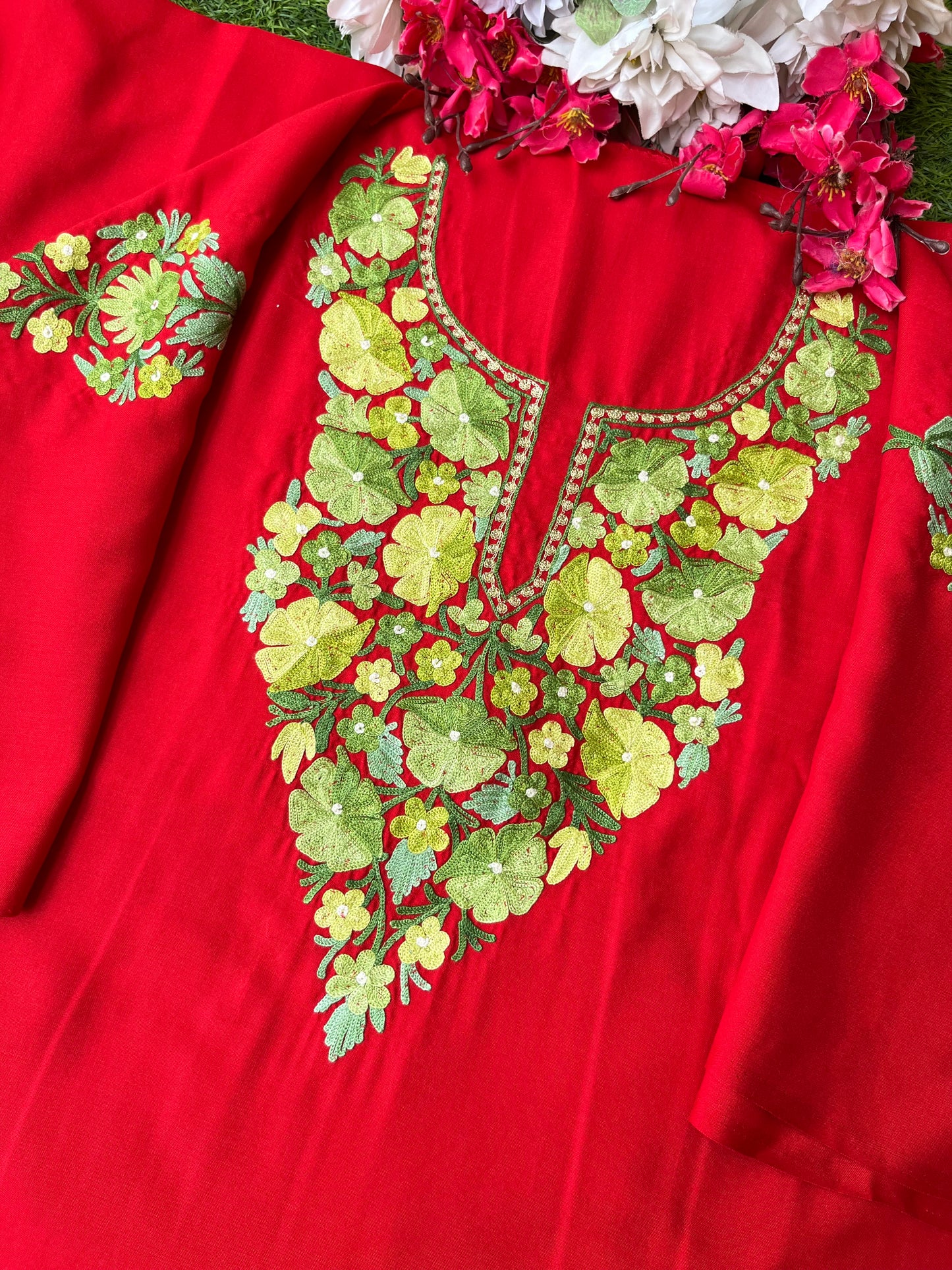 Red Aari Embroidered Cotton Suit Set