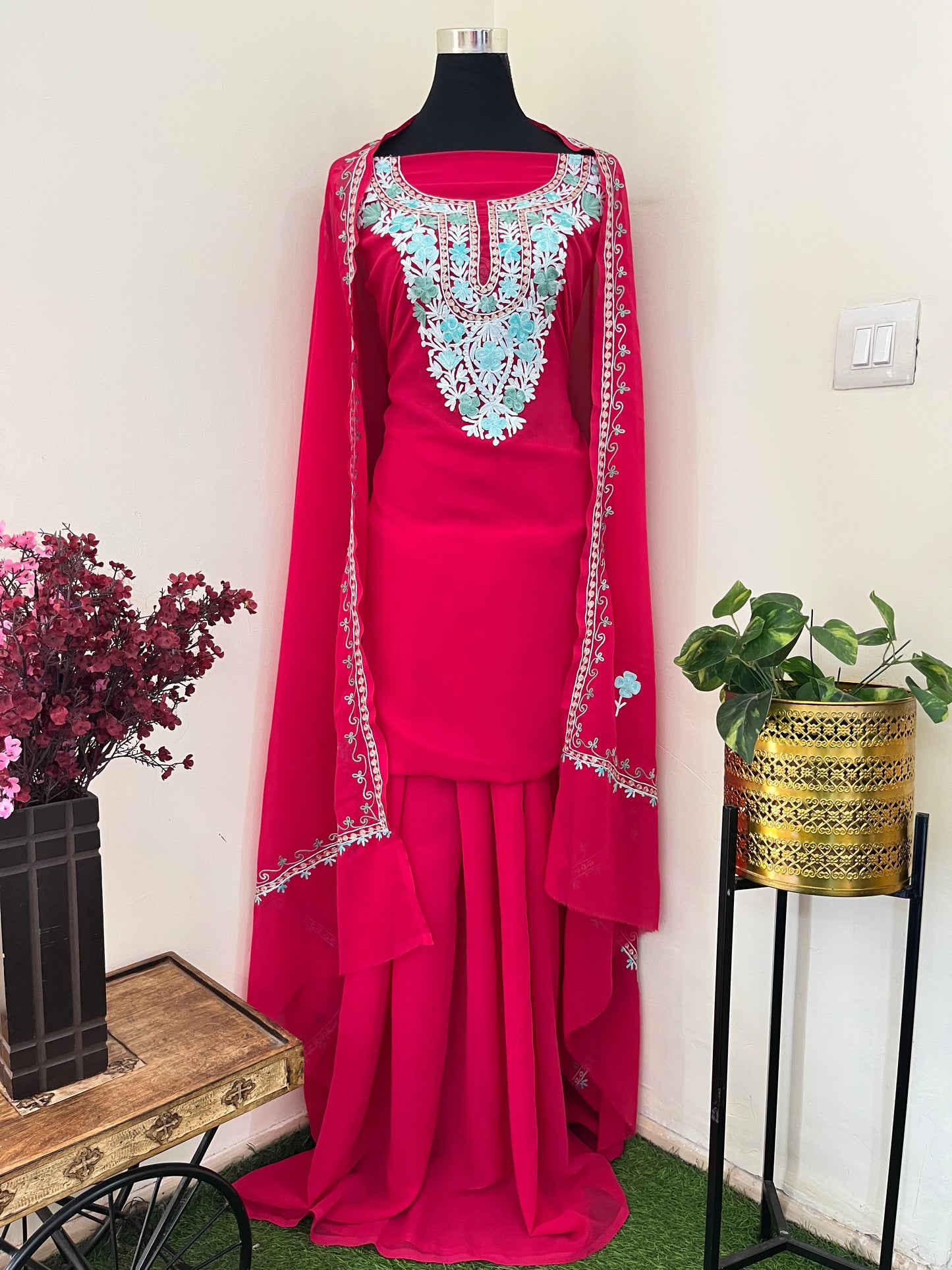 Candy Pink Georgette 3 Pc Aari Embroidered Suit Set