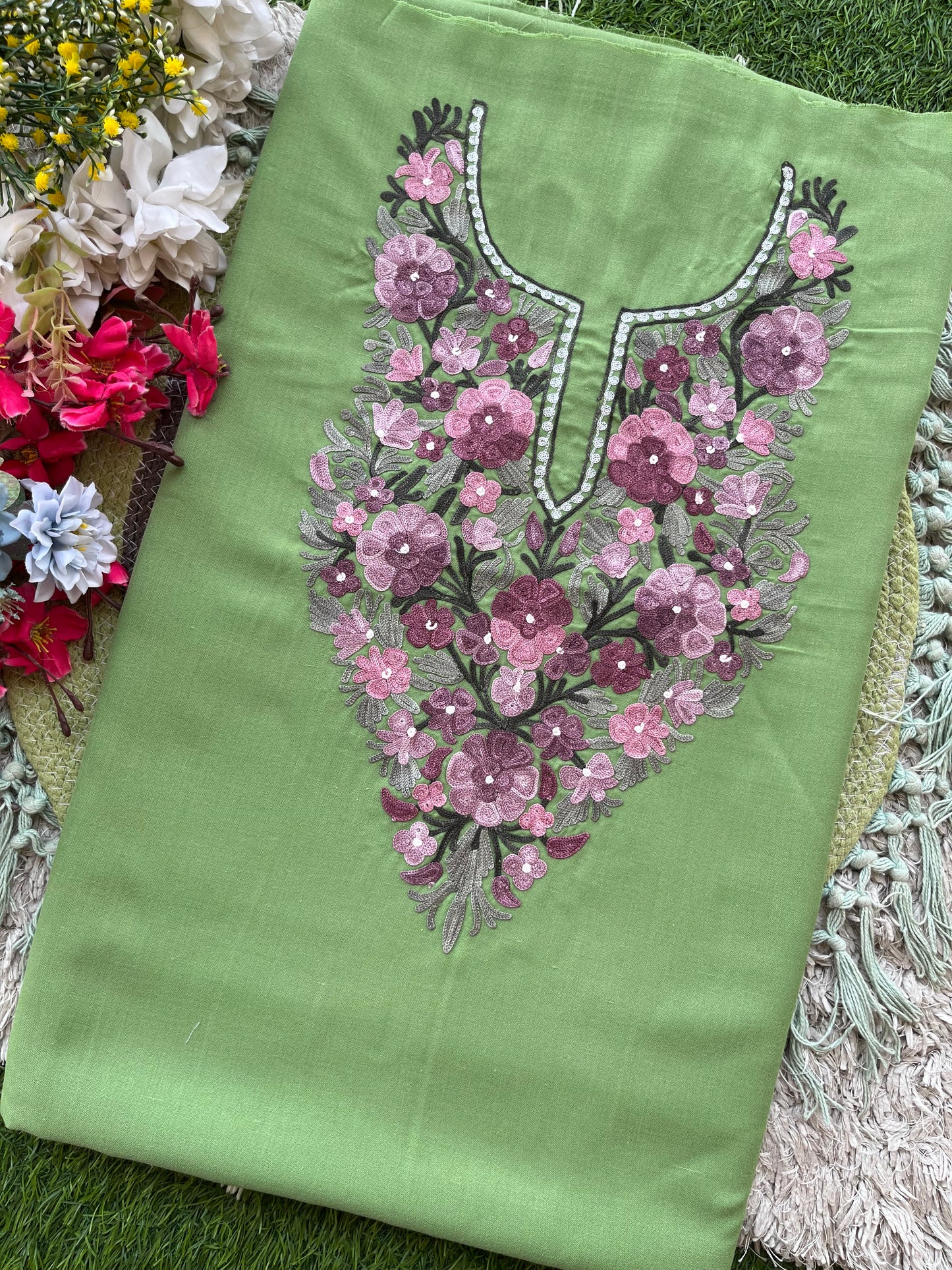 Pastel Green Aari Embroidered Cotton Suit Set