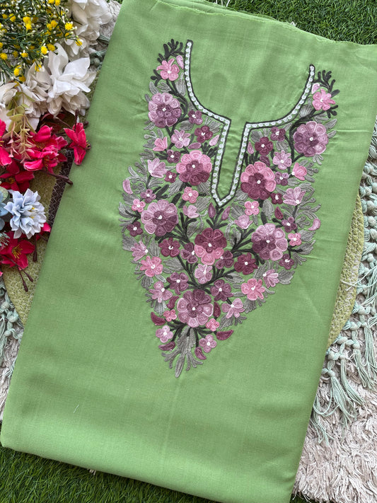 Pastel Green Aari Embroidered Cotton Suit Set