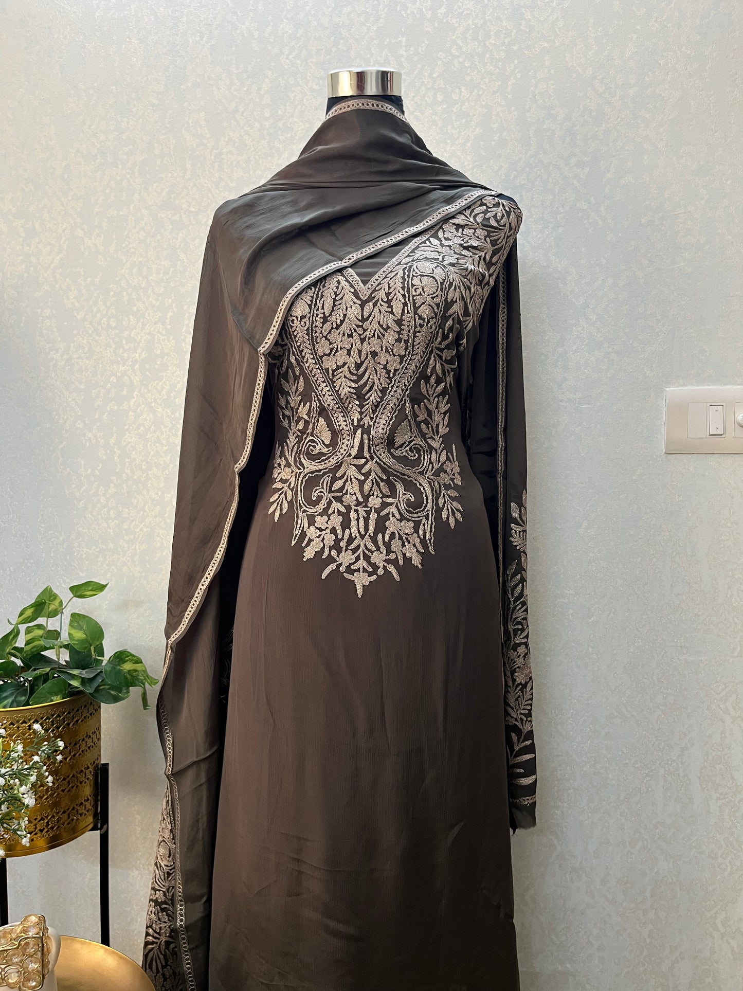 Luxury Pure Chinon Oxidised Tilla Embroidered Kashmiri Suit