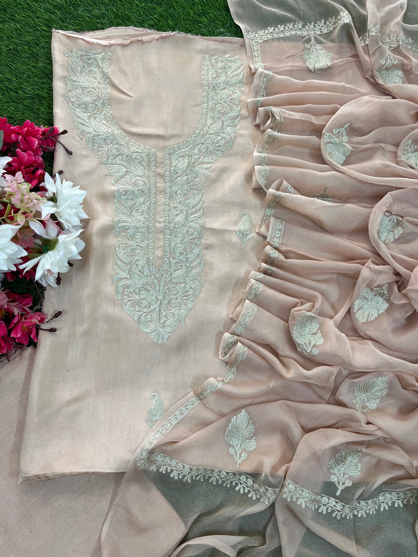 Peach Pink Sanam’ Silk Tilla Kashmiri Suit