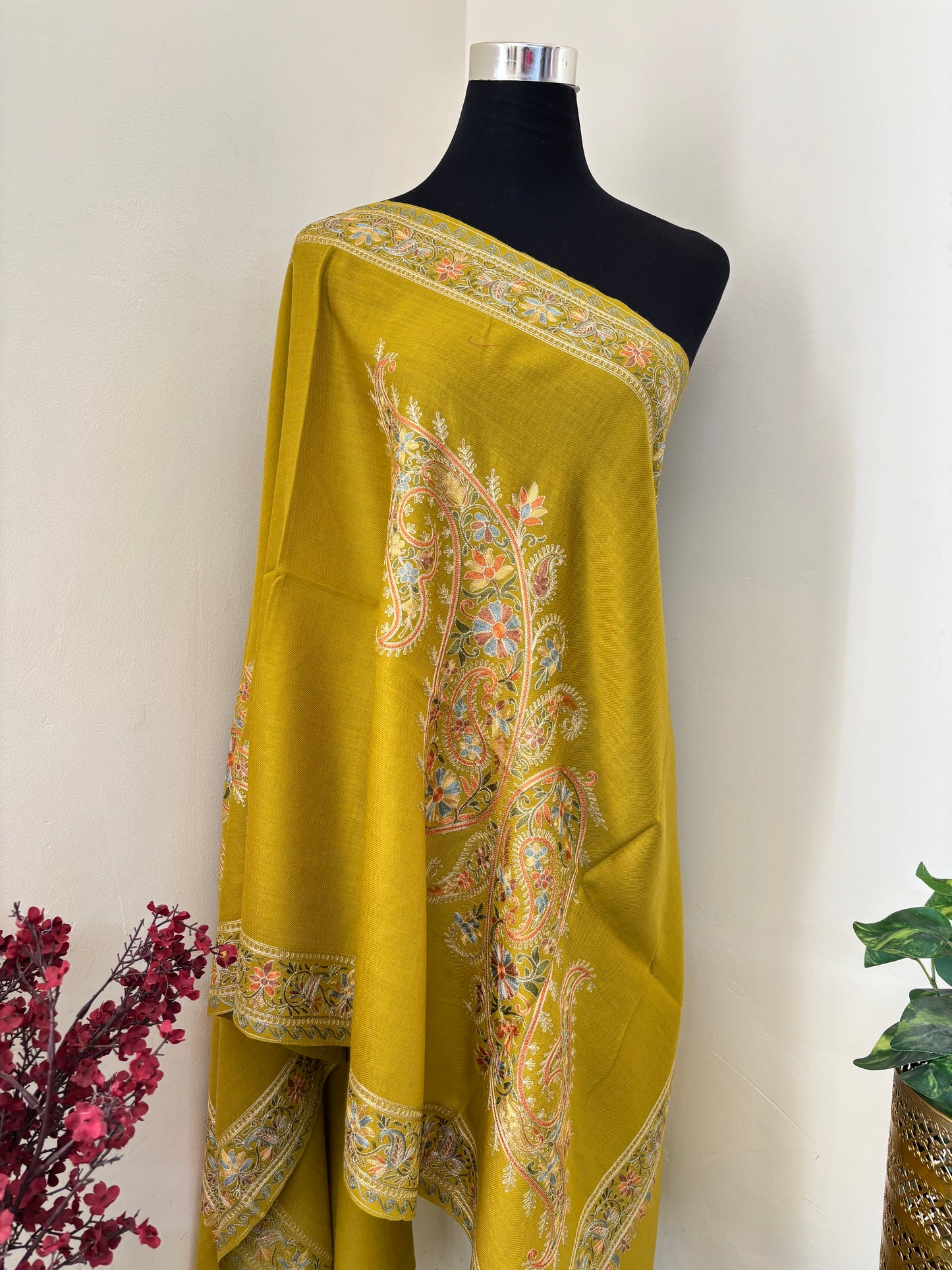 Lime Green Silk Thread Ambi Aangan Embroidered Fine Semi Pashmina stole