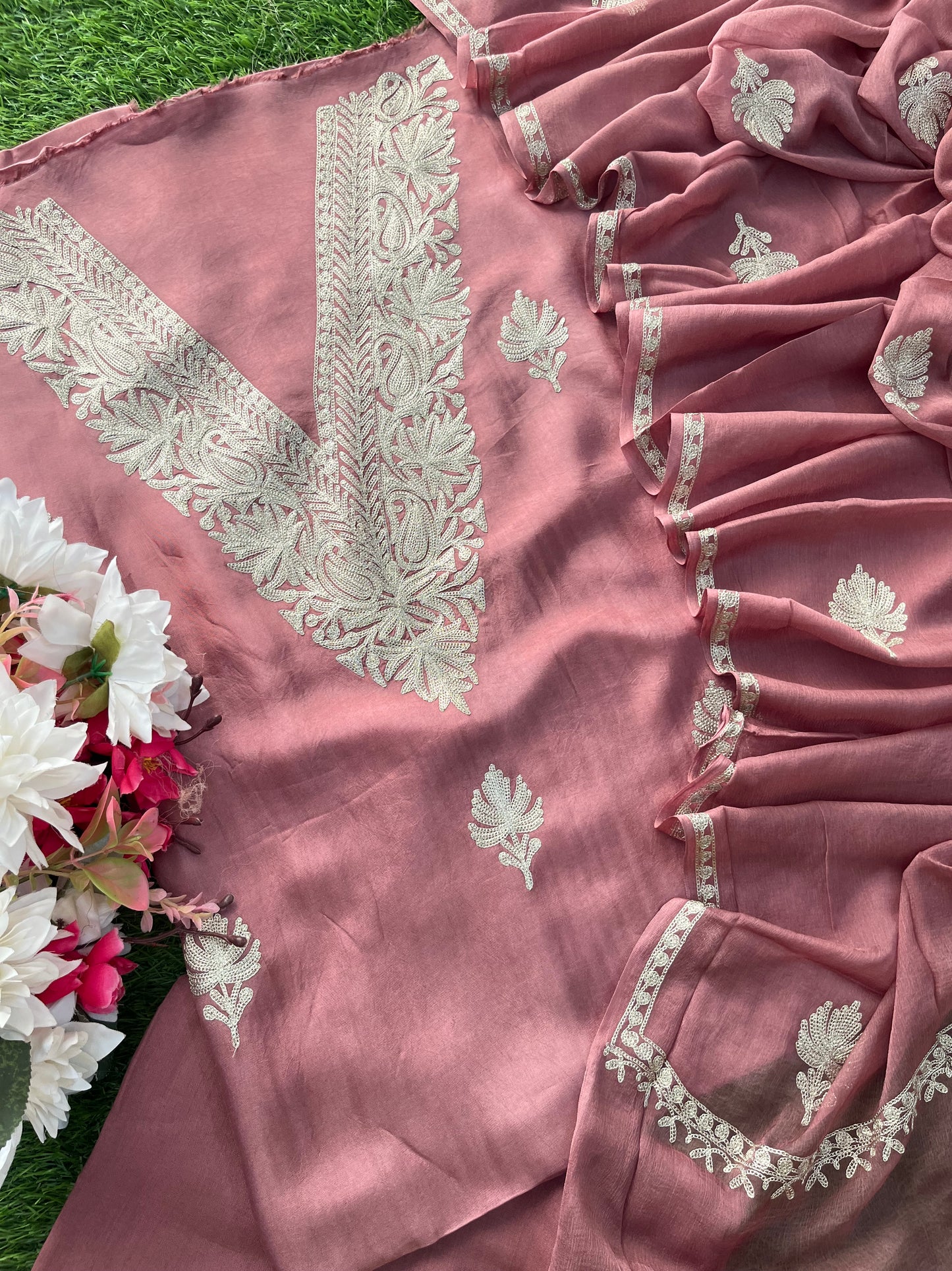 Onion Pink Sanam’ Silk Tilla Kashmiri Suit