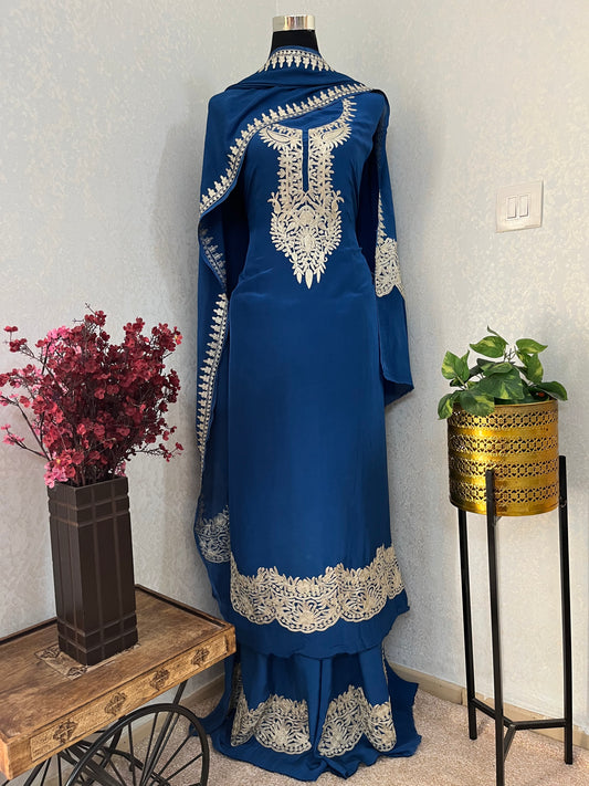 Electric Blue Crape Kashmiri Suit