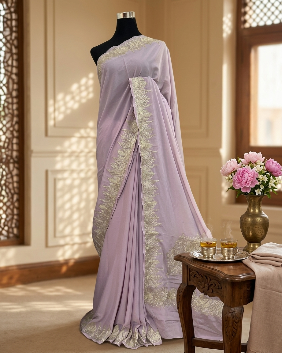 Soft Purple Crape Kashmiri Tilla Saree
