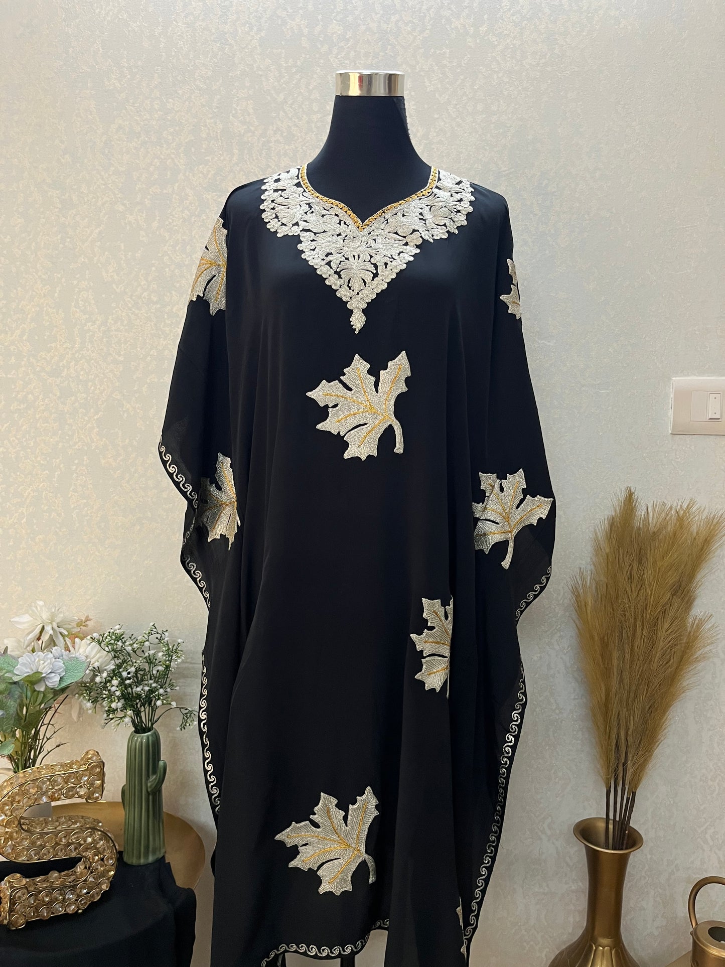 Black Crape Kashmiri Kaftan Set
