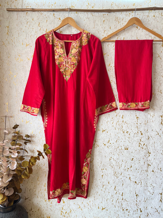 Red Cotton Pheran Set (Free Size)