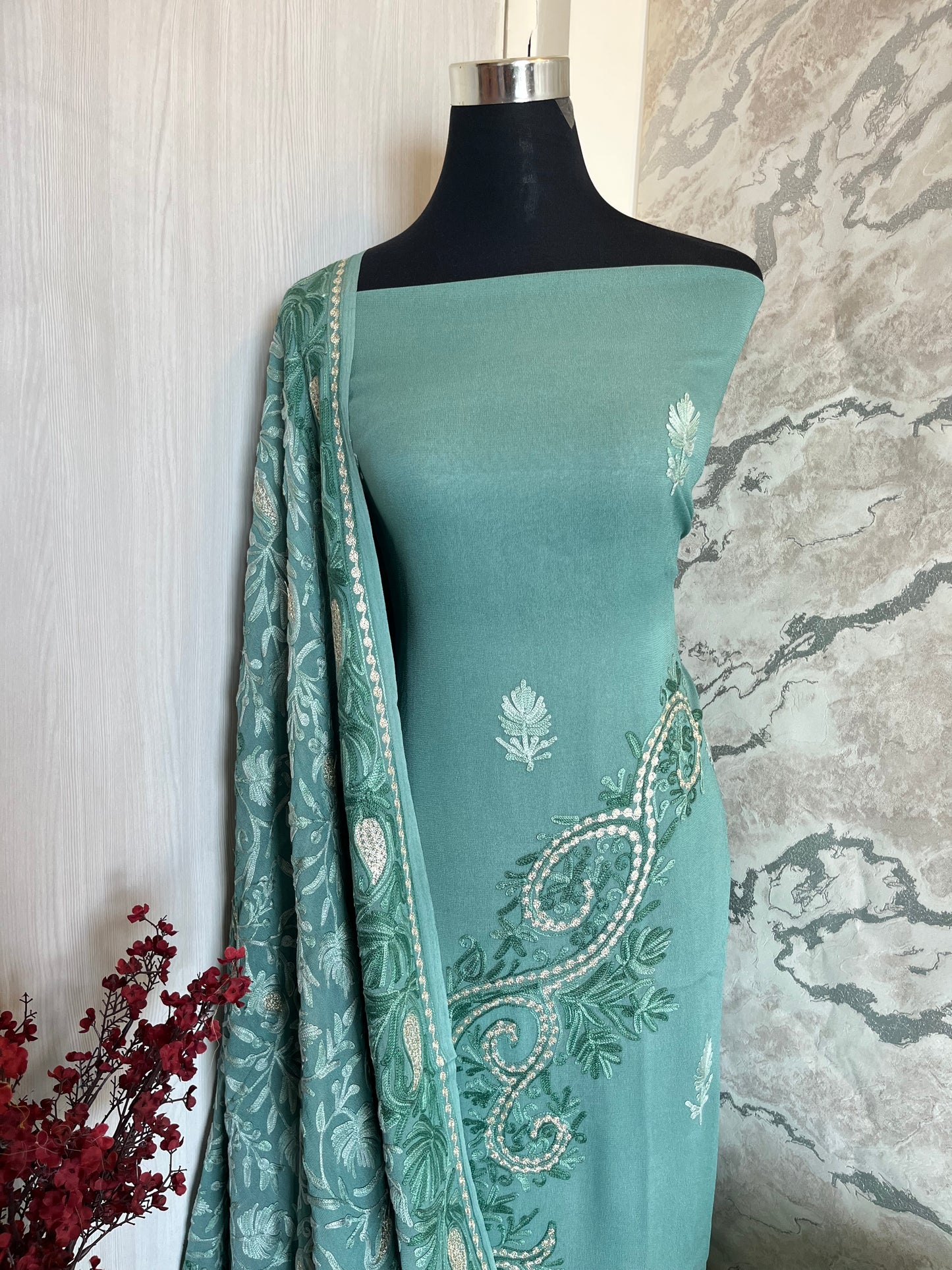 Pastel Green Pure Georgette Aari Embroidered Suit